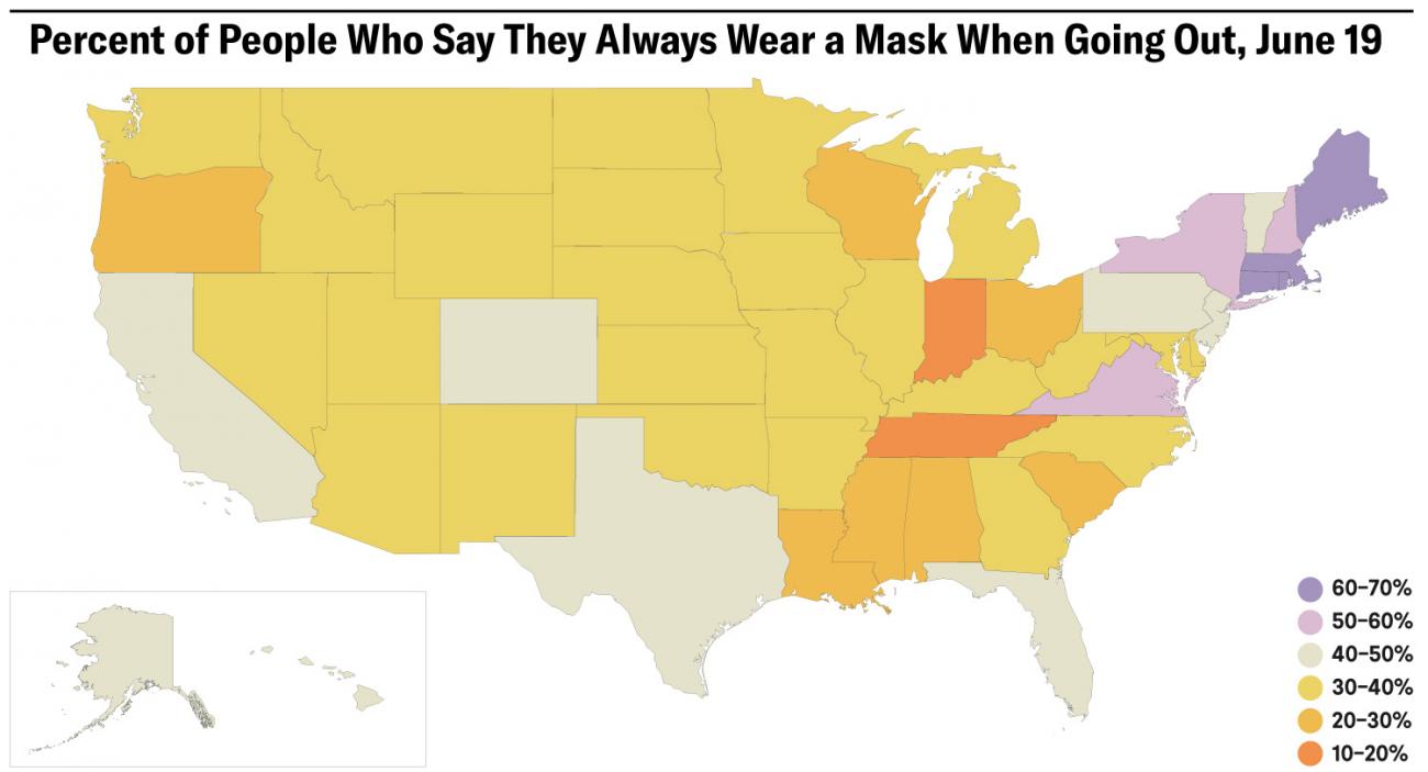 The image shows a map of the United States with different states colored according to their mask use prevalence. 