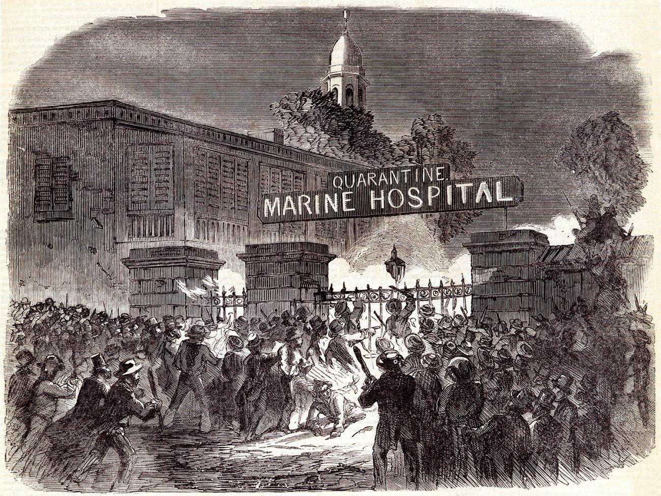 The image is a woodcut of a massive rioting crowd with clubs and torches storming the iron gates of a facility with a huge sign reading, "QUARANTINE MARINE HOSPITAL." 