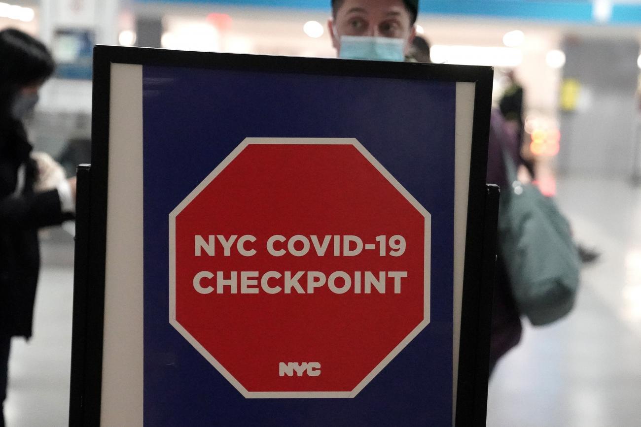 A sign is pictured at a test checkpoint at Pennsylvania Station the day before Thanksgiving during the coronavirus disease (COVID-19) pandemic in the Manhattan area of New York City, New York, U.S., November 25, 2020