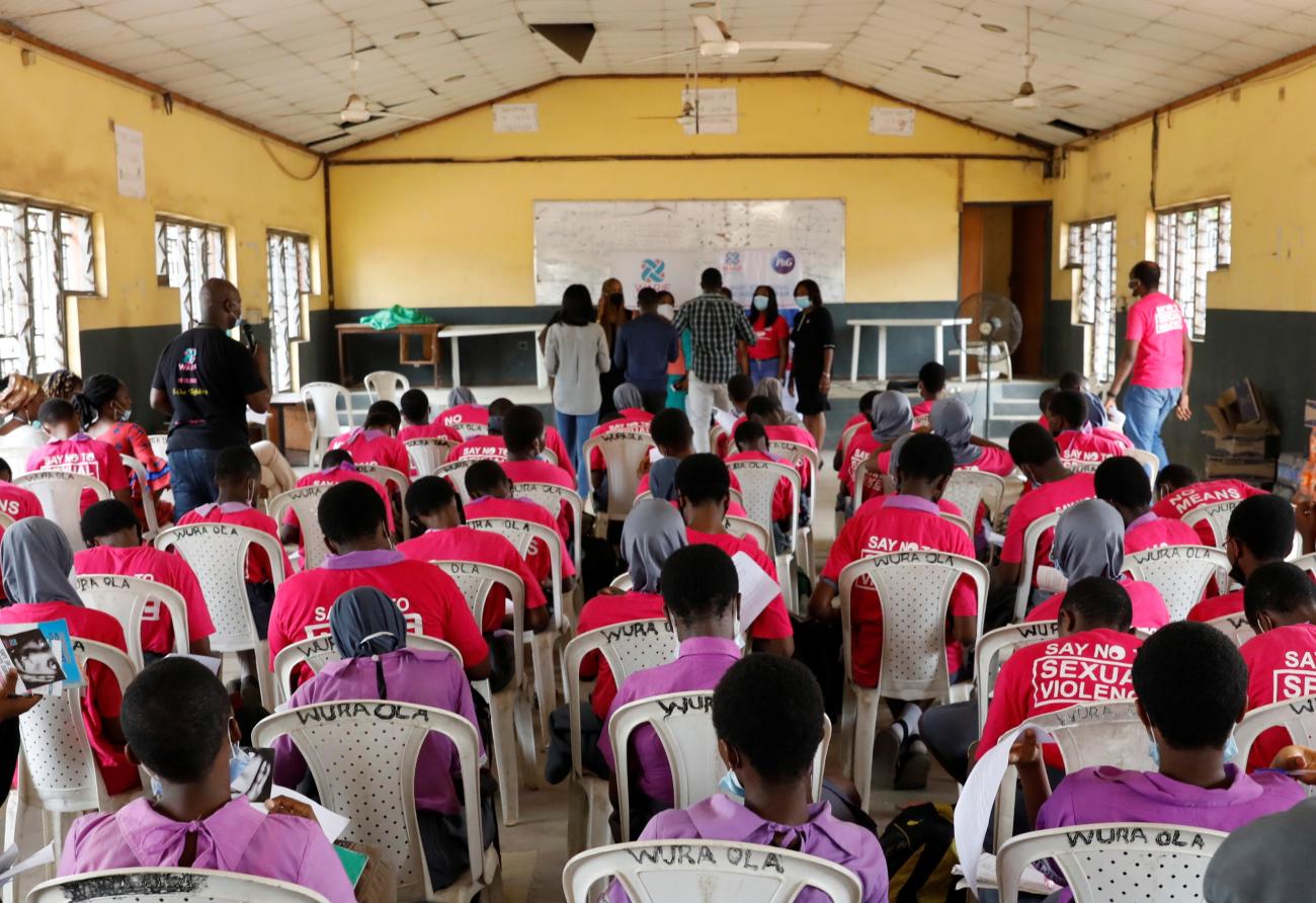Students receive a lecture on the prevention of sexual violence from a representative of Women at Risk International Foundation, at Oregun High School in Lagos, Nigeria on March 31, 2021