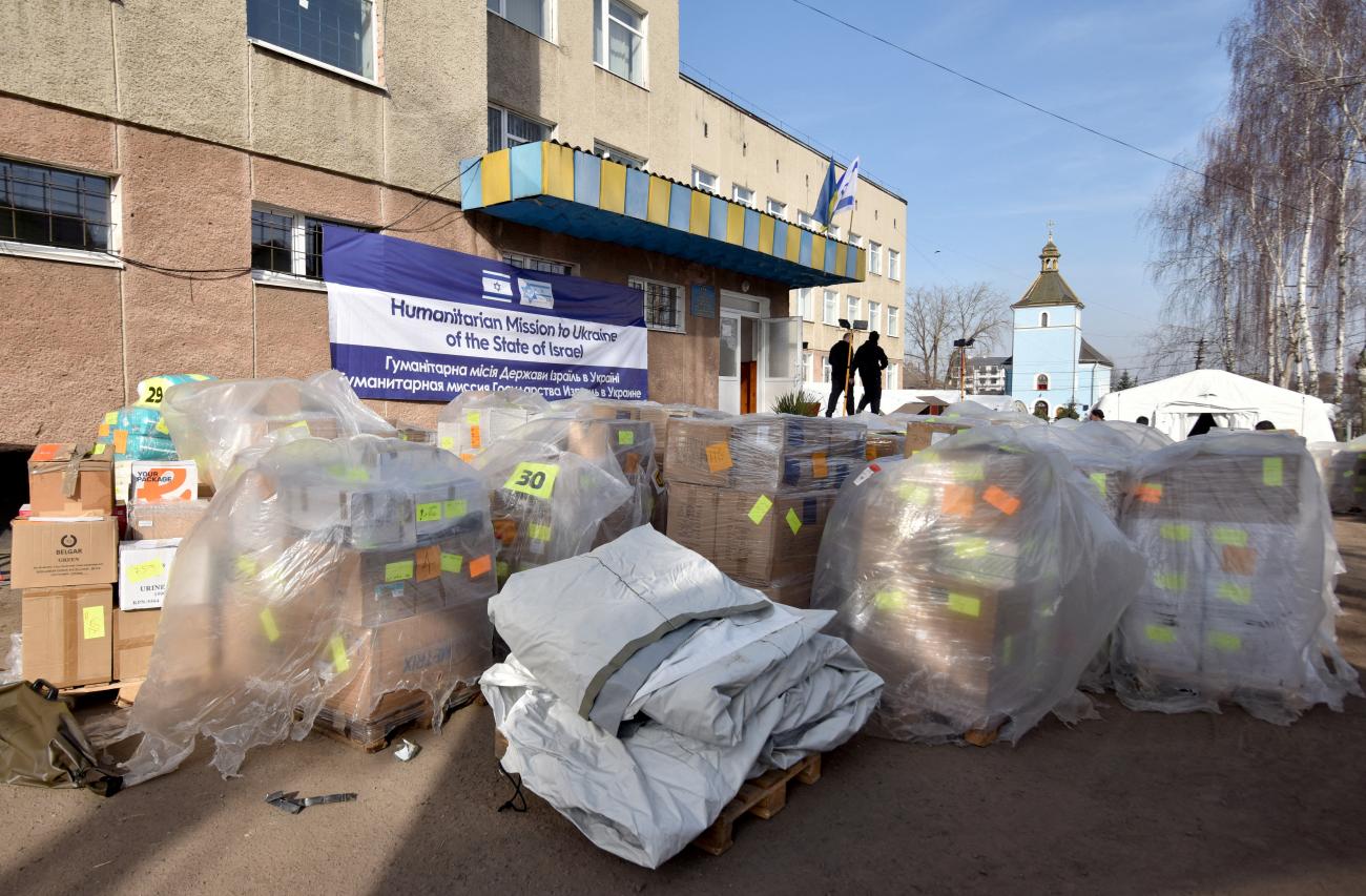 Medical supplies wait to be unpacked at a field hospital deployed by the humanitarian mission of the state of Israel on the premises of a local school, as Russia's invasion of Ukraine continues, in Mostyska, Ukraine March 20, 2022. 