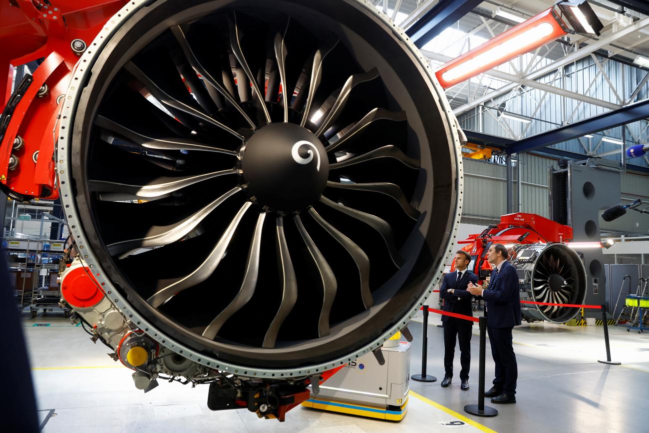 French President Emmanuel Macron visits the Safran Aircraft Engines site