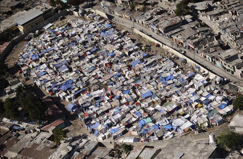 An aerial image of what is referred to as a "Tent City" in Haiti. 