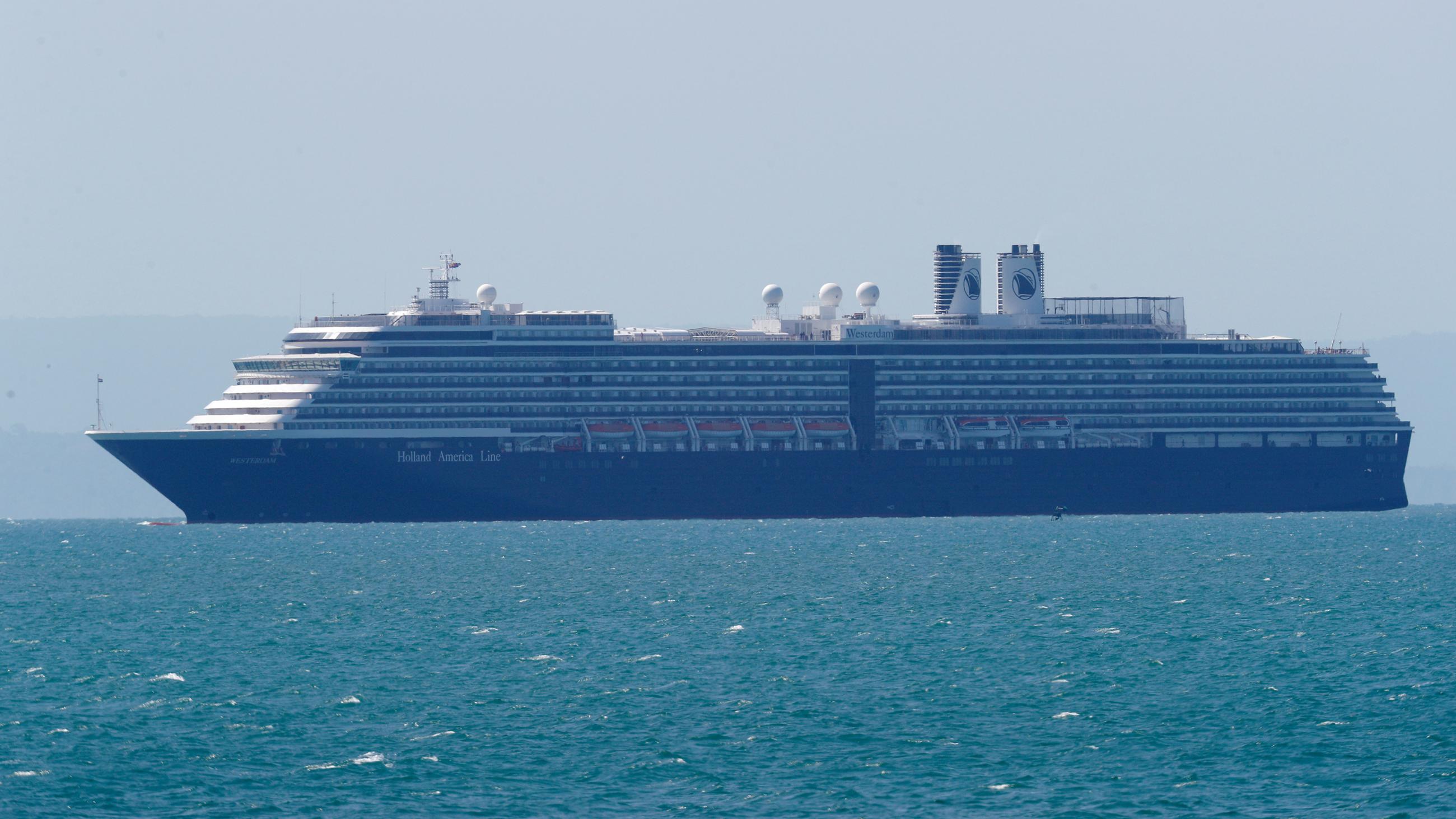The photo shows a massive luxury cruise ship off in the distance, in a photo presumably taken from shore. 