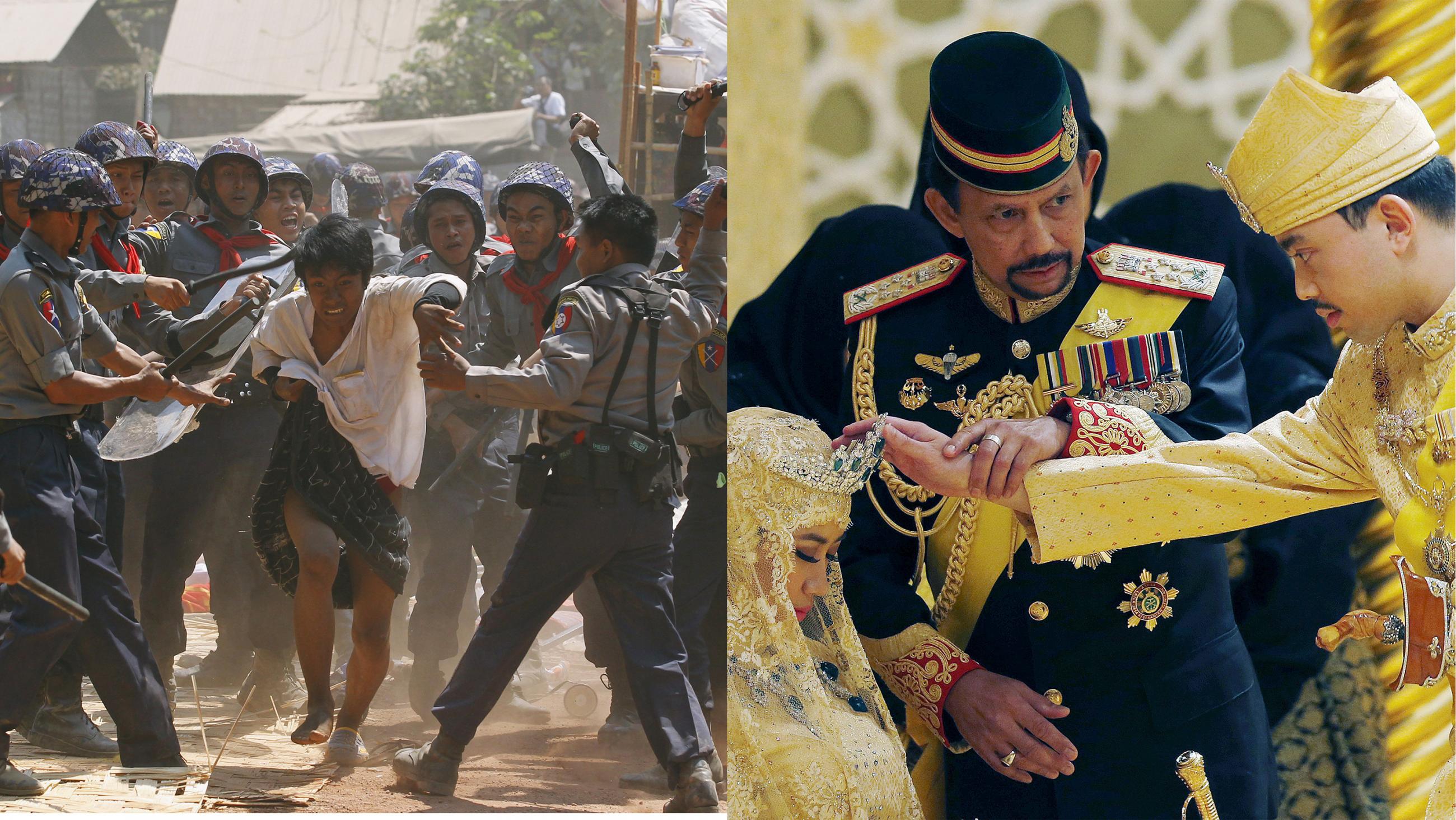The image has two very contrasting photos. One shows a group of soldiers violently beating a protester with batons and the other is a royal wedding with ever square centimeter covered in opulence. 