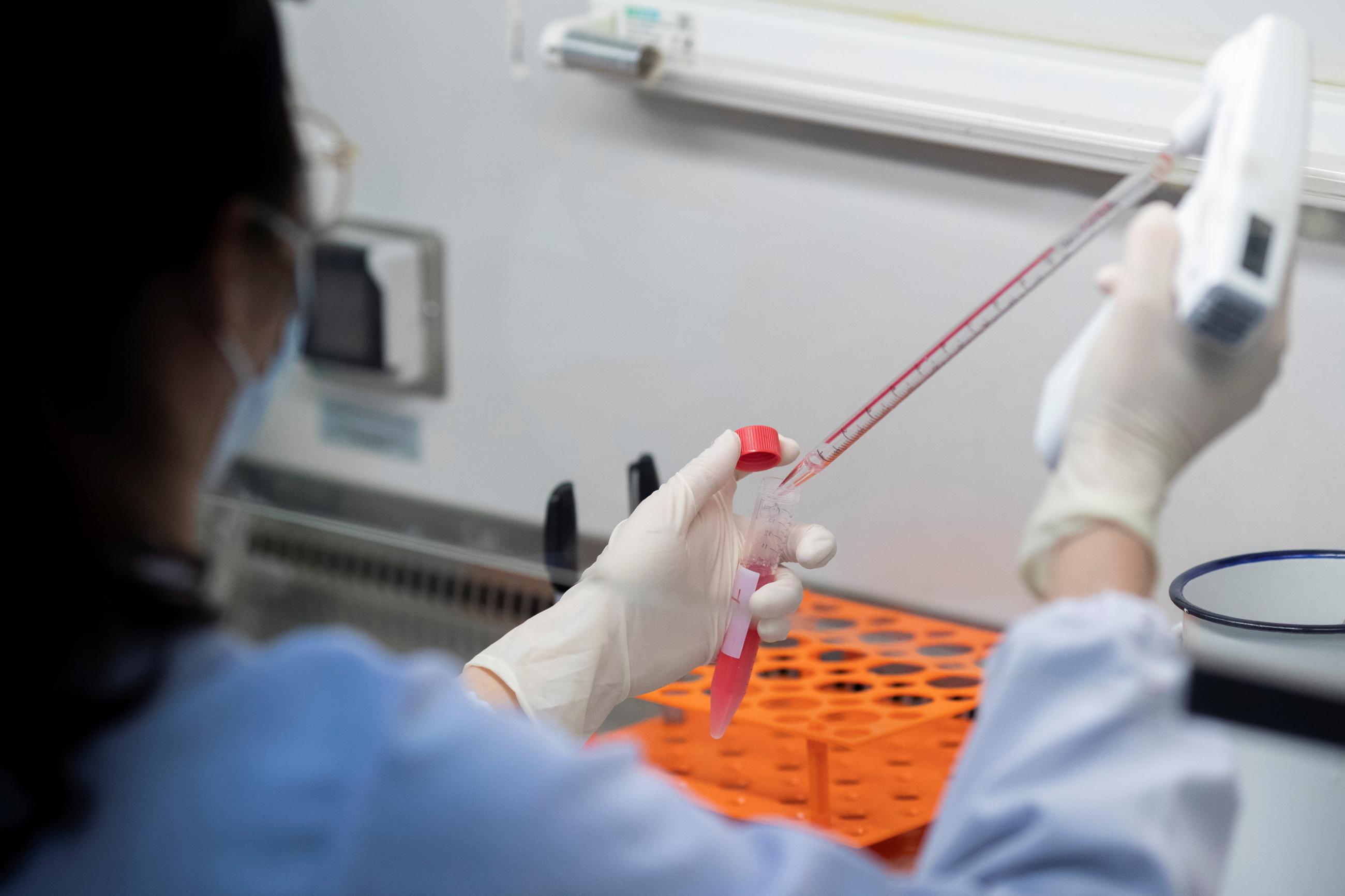 A scientist works in the lab of Linqi Zhang on research into COVID-19 antibodies at Tsinghua University's Research Center for Public Health.