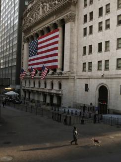 The image shows a nearly empty street with a man walking his dog in front of the iconic stock exchange building, which is adorned with American flags. 