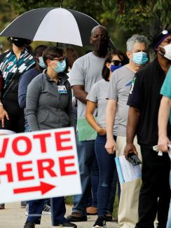 The photo shows a long line of people wearing facemasks with a simple white sign with red letters announcing, "VOTE HERE." 
