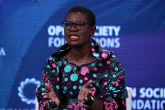 Yvonne Aki-Sawyerr, mayor of Freetown, Sierra Leone, speaks at the Concordia Summit in Manhattan, New York, on September 24, 2018.
