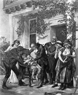 An illustration from 1894 shows Dr. Edward Jenner administering the world's first smallpox vaccine in 1757.