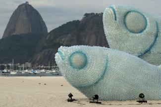 Giant fish made with plastic bottles are exhibited at Botafogo beach, in Rio de Janeiro, on June 19, 2012