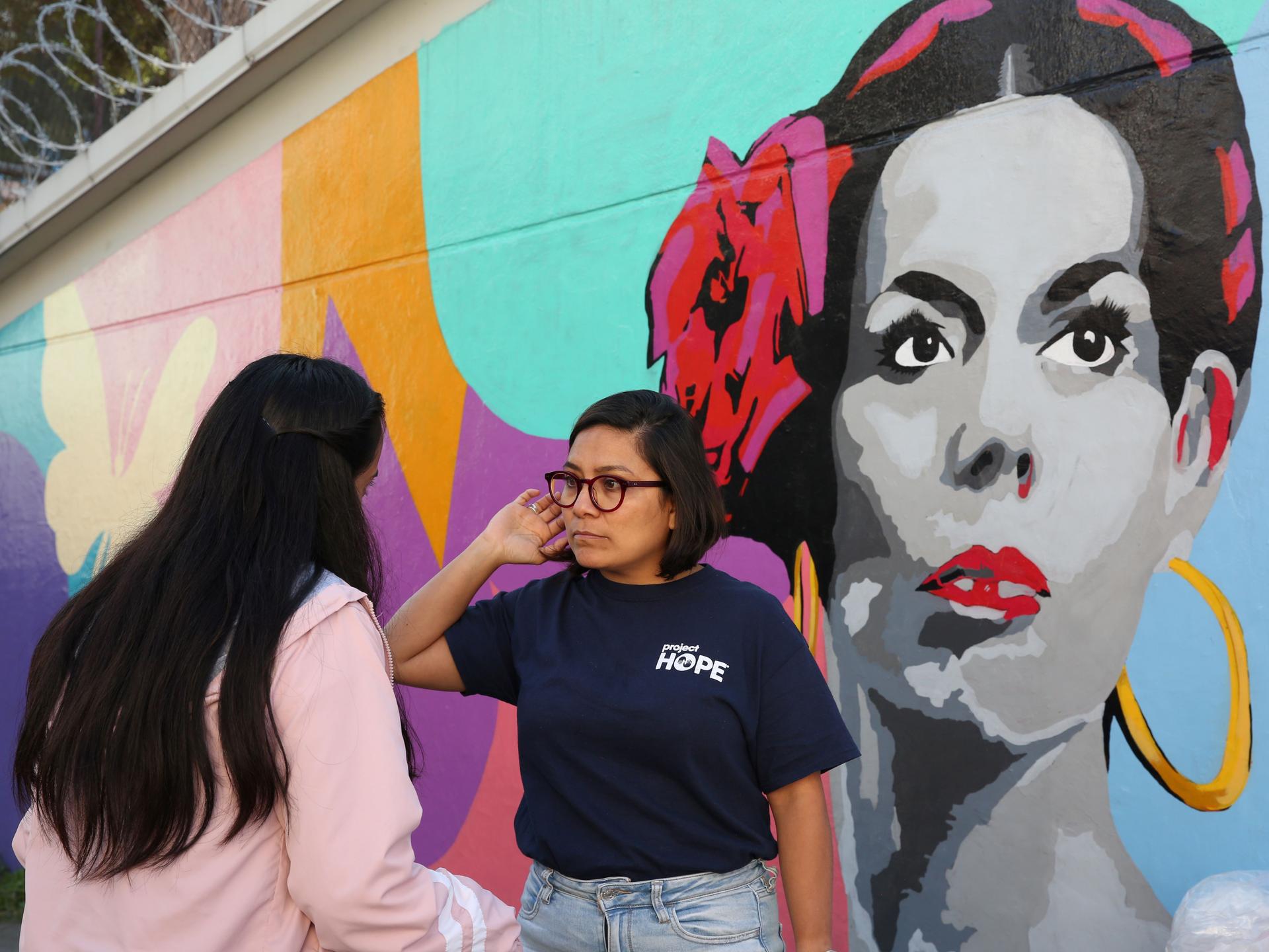 Project HOPE Mexico country director Corina Martínez and health promoter Yoseline Perez (left), provide a mobile health screening clinic to residents, in Tlalnepantla de Baz, Mexico. Marie Arago for Project HOPE, 2024