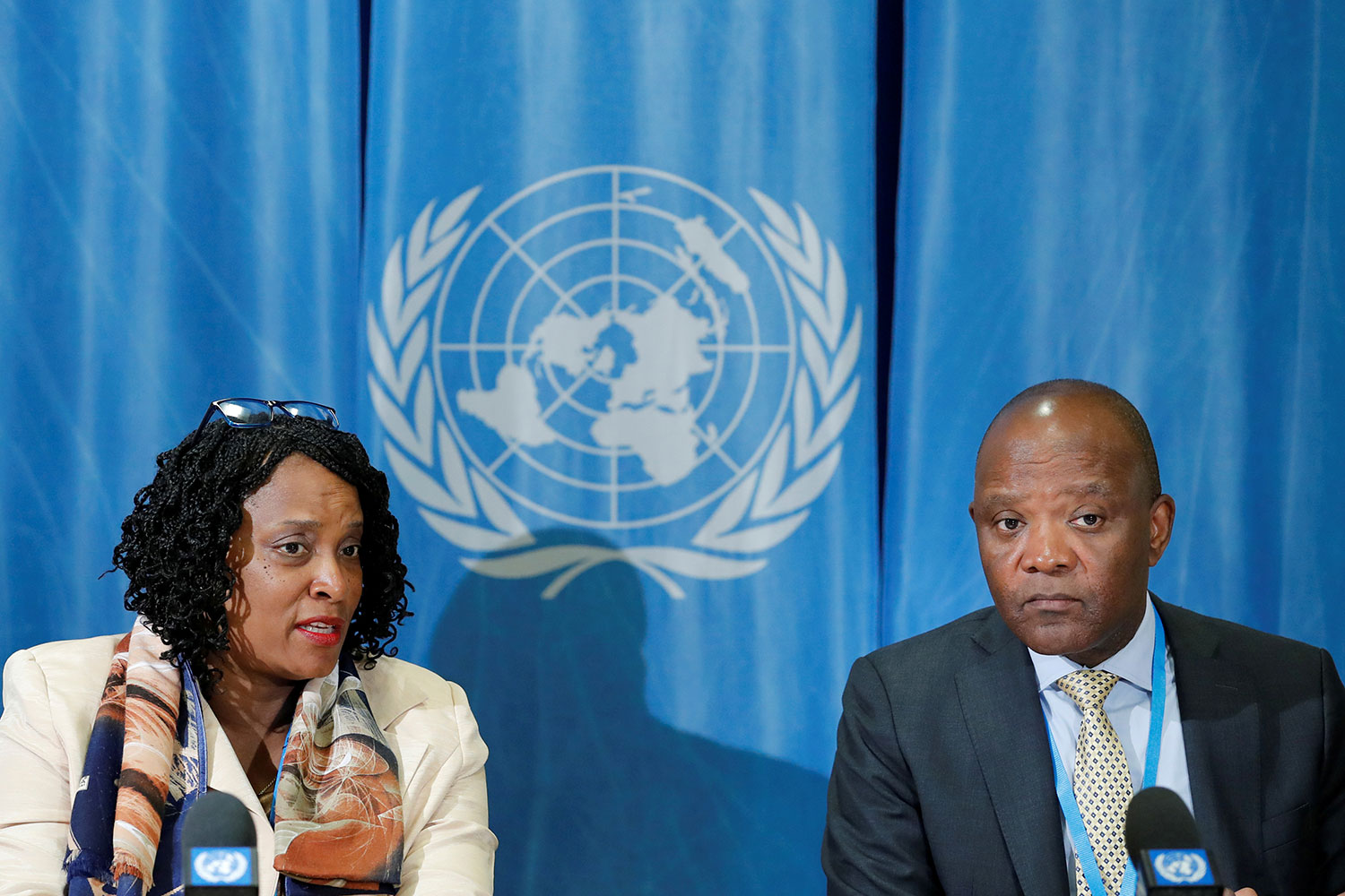 John Nkengasong, Director of Africa’s CDC, attending a press conference in Geneva on the Ebola Response in the DRC with Margaret Agama-Anyetei of the African Union Commission on May 22, 2018.