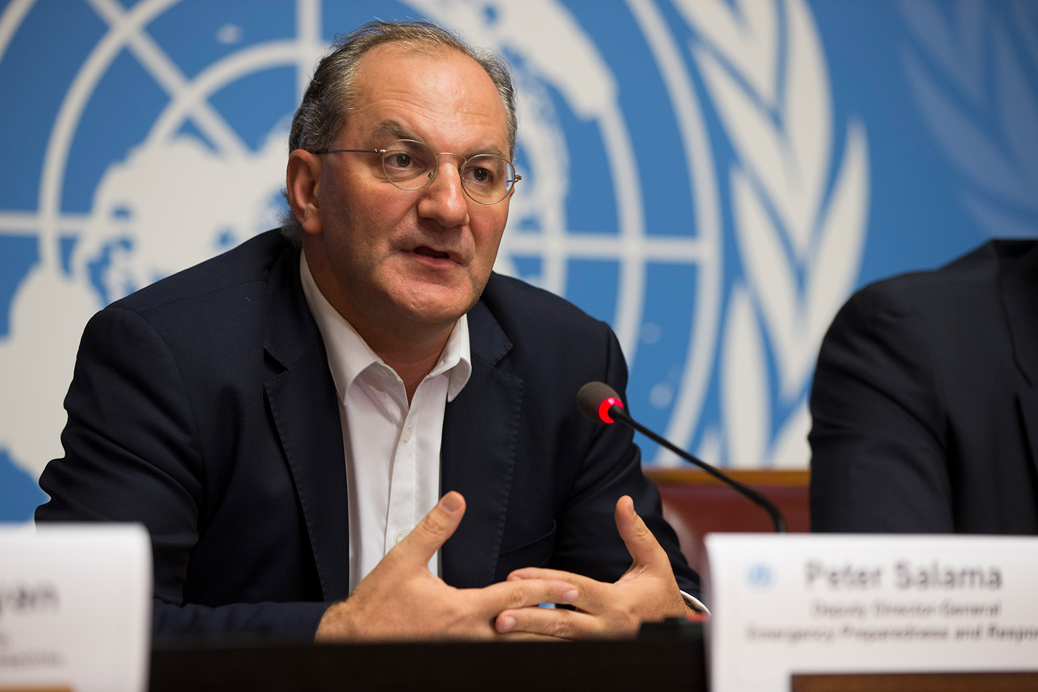 Press conference photograph of Peter Salama, Executive Director, Universal Health Coverage / Life Course at the World Health Organization.