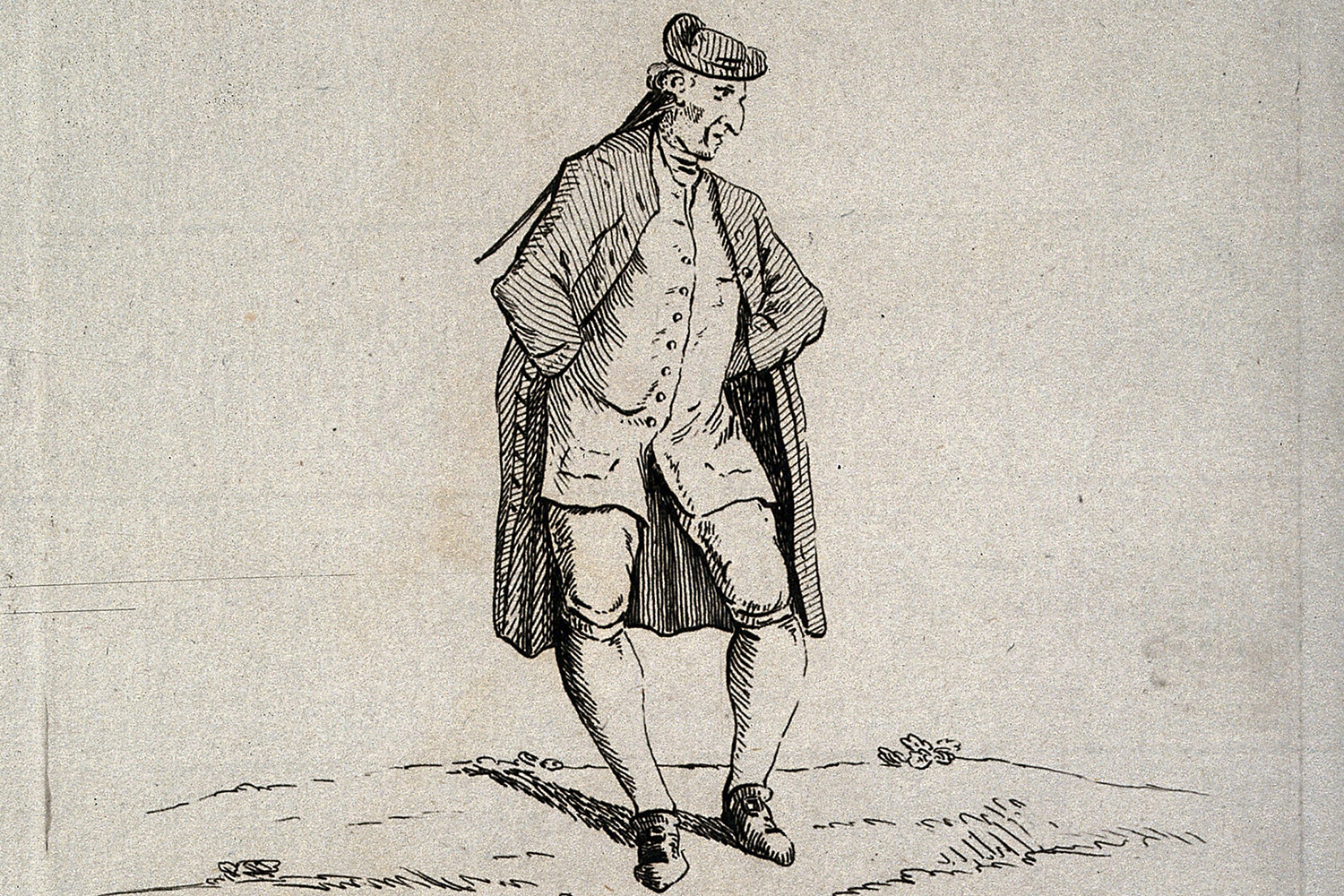 The etching shows a fashionably dressed man standing in a peculiar way.