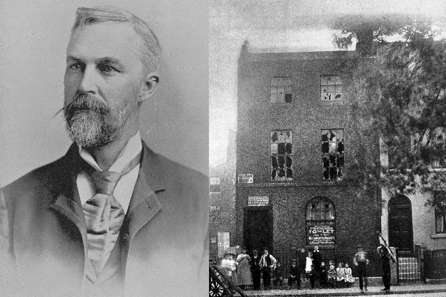The image of Huntington shows a smartly dressed Victorian-era gentleman with a short beard and long moustache. The picture of the Parkinson’s house shows it at a time when it was apparently run down, its windows broken out, a large sign in the window that says “Premises to Let,” and a parade of street urchins hanging out front.