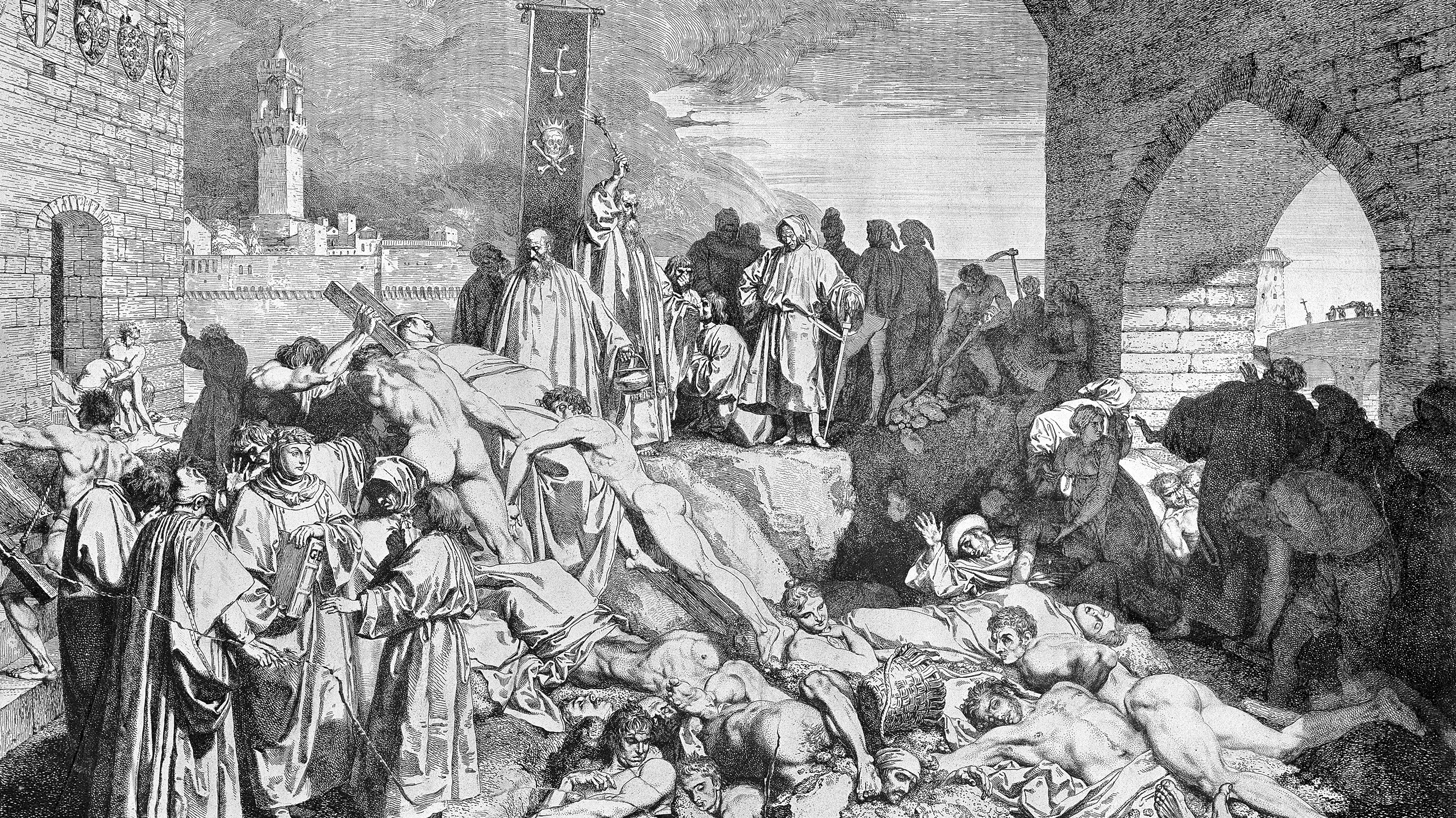 The etching depicts a chaotic scene in renaissance Italy in which men dressed in robes are dumping bodies in a common grave outside a walled town.