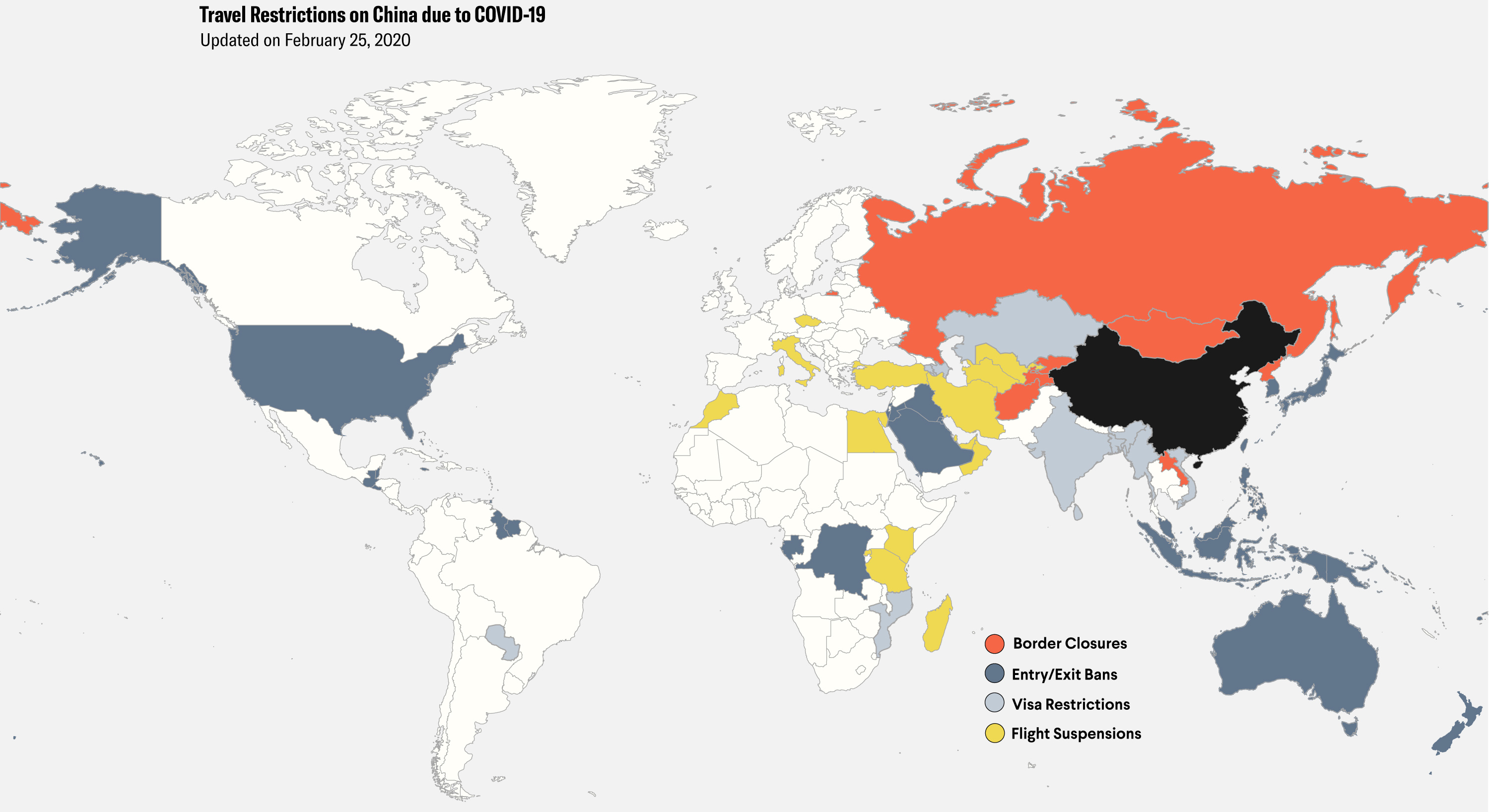 The image is a map of the world showing different countries colored different hues based on four levels of travel restrictions.