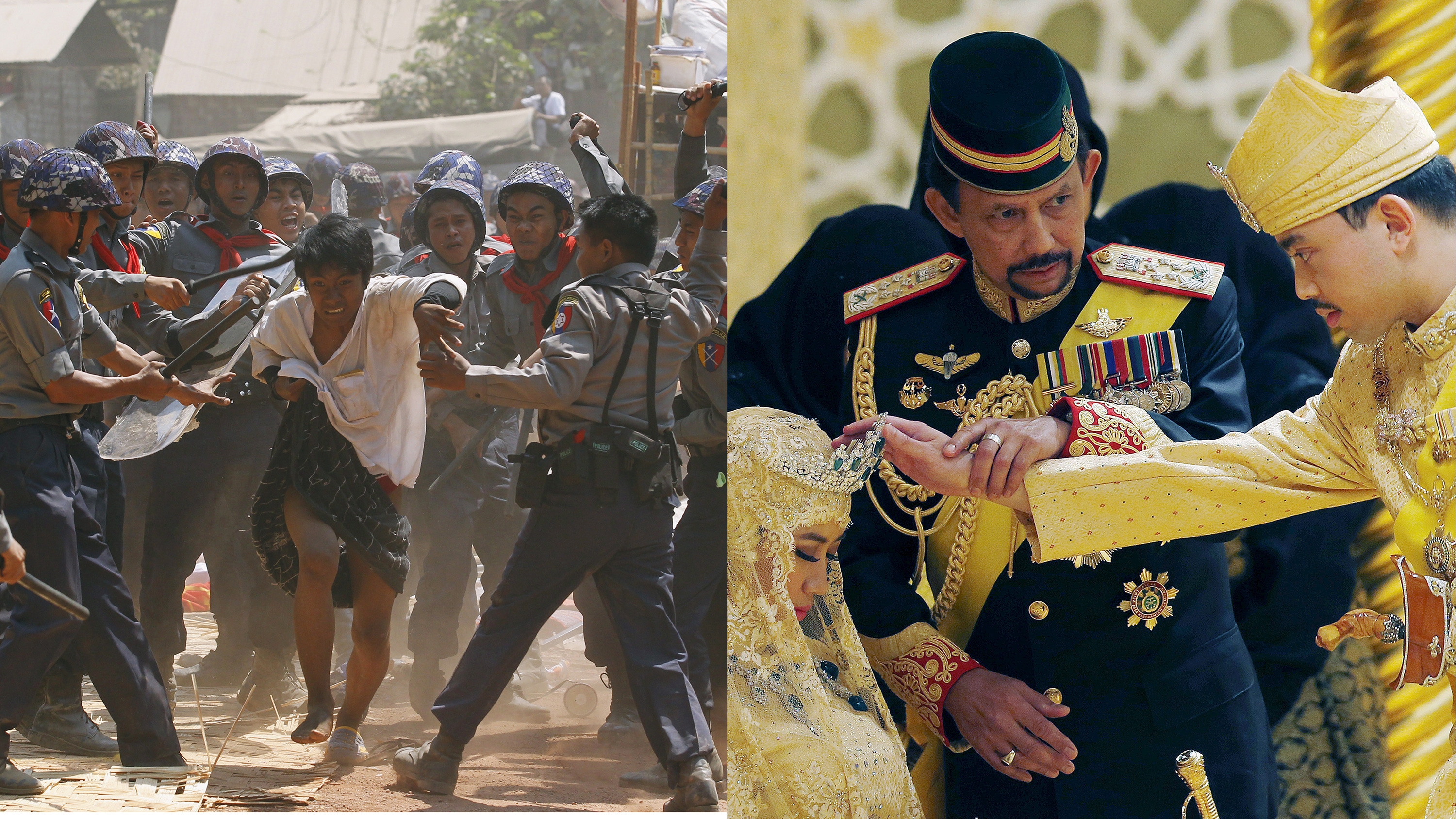 The image has two very contrasting photos. One shows a group of soldiers violently beating a protester with batons and the other is a royal wedding with ever square centimeter covered in opulence.