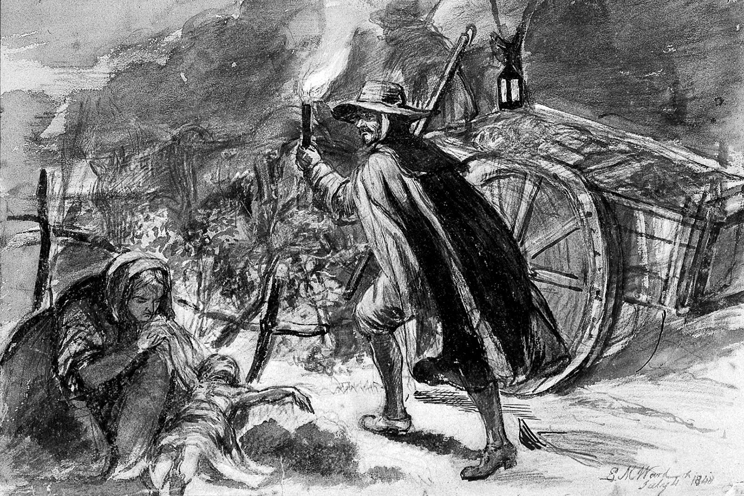 Drawing shows a man with a torch walking alongside a cart of plague victims; a woman is holding a dead child.