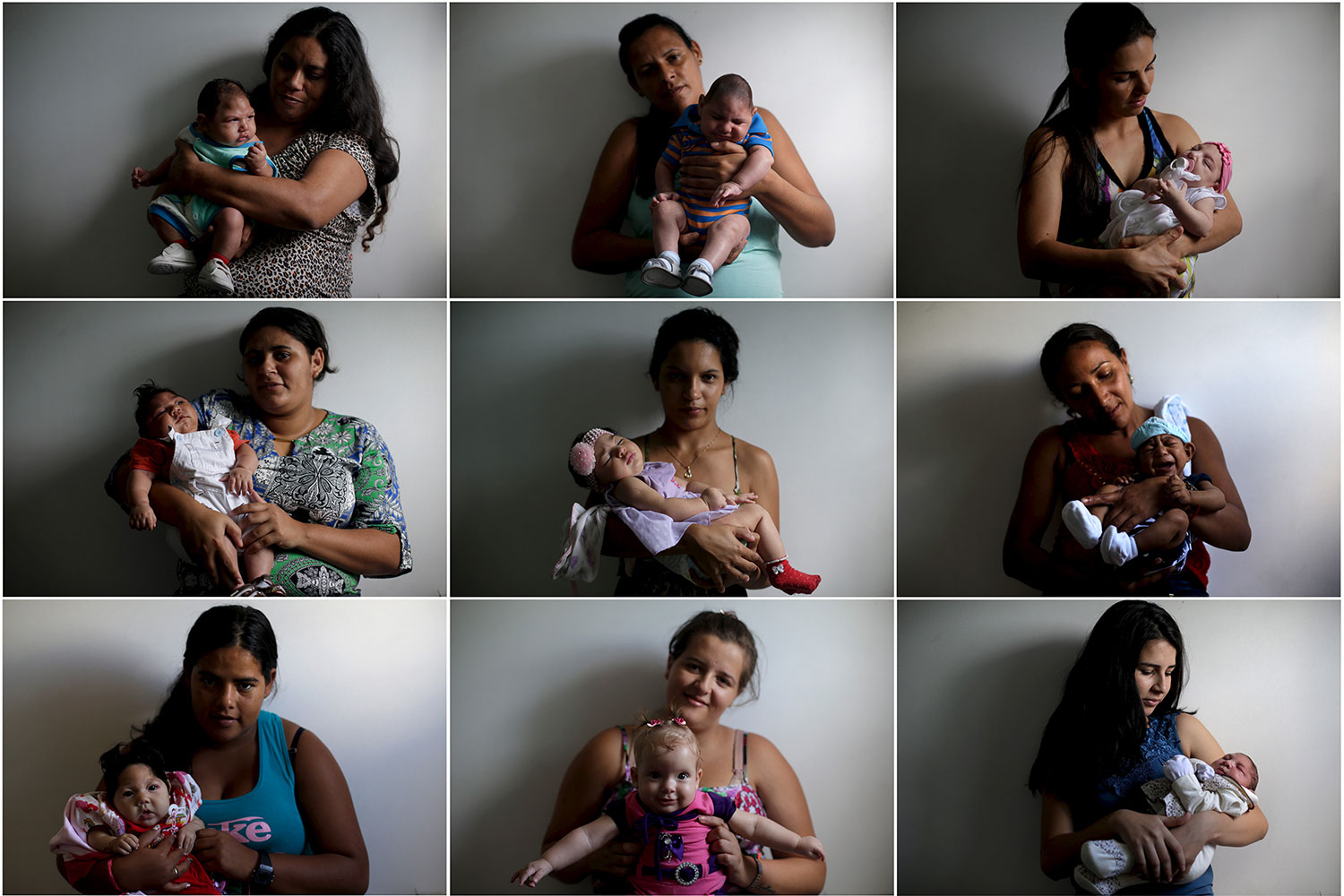 The image shows a 3 x 3 composite photo of nine mothers holding nine babies.