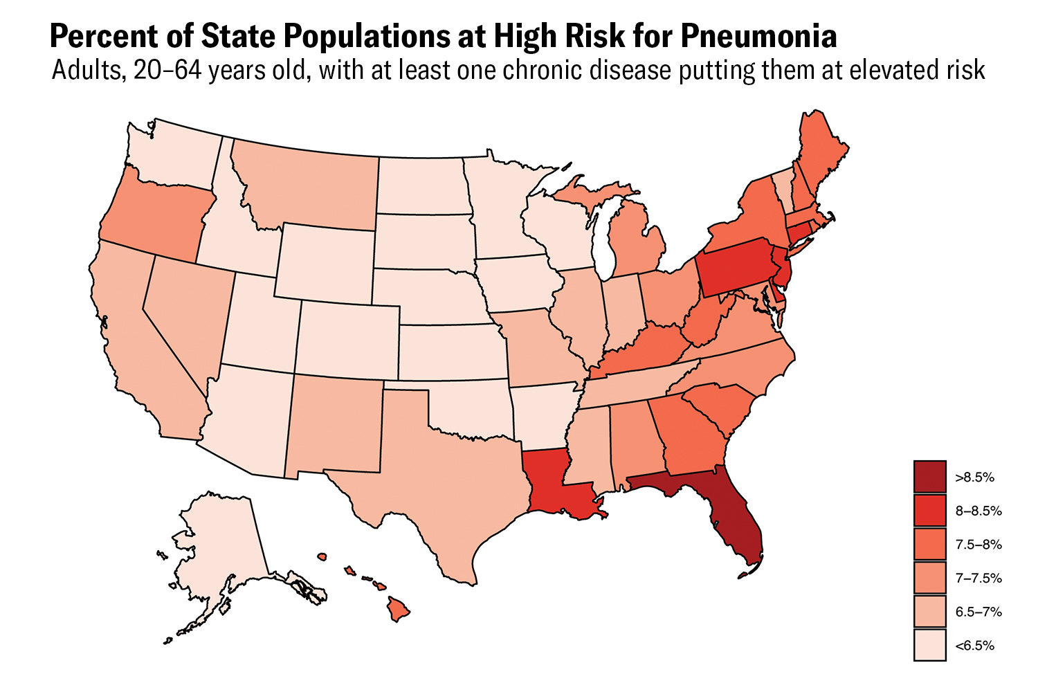 Map shows Percent of State Populations at High Risk for Pneumonia. Adults, 20–64 years old, with at least one chronic disease putting them at elevated risk.