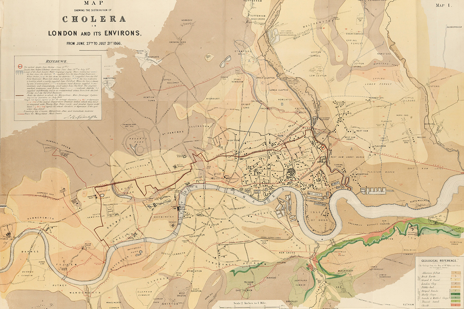 The image is a photo of map of London highlighting cases of cholera there some 154 years ago.