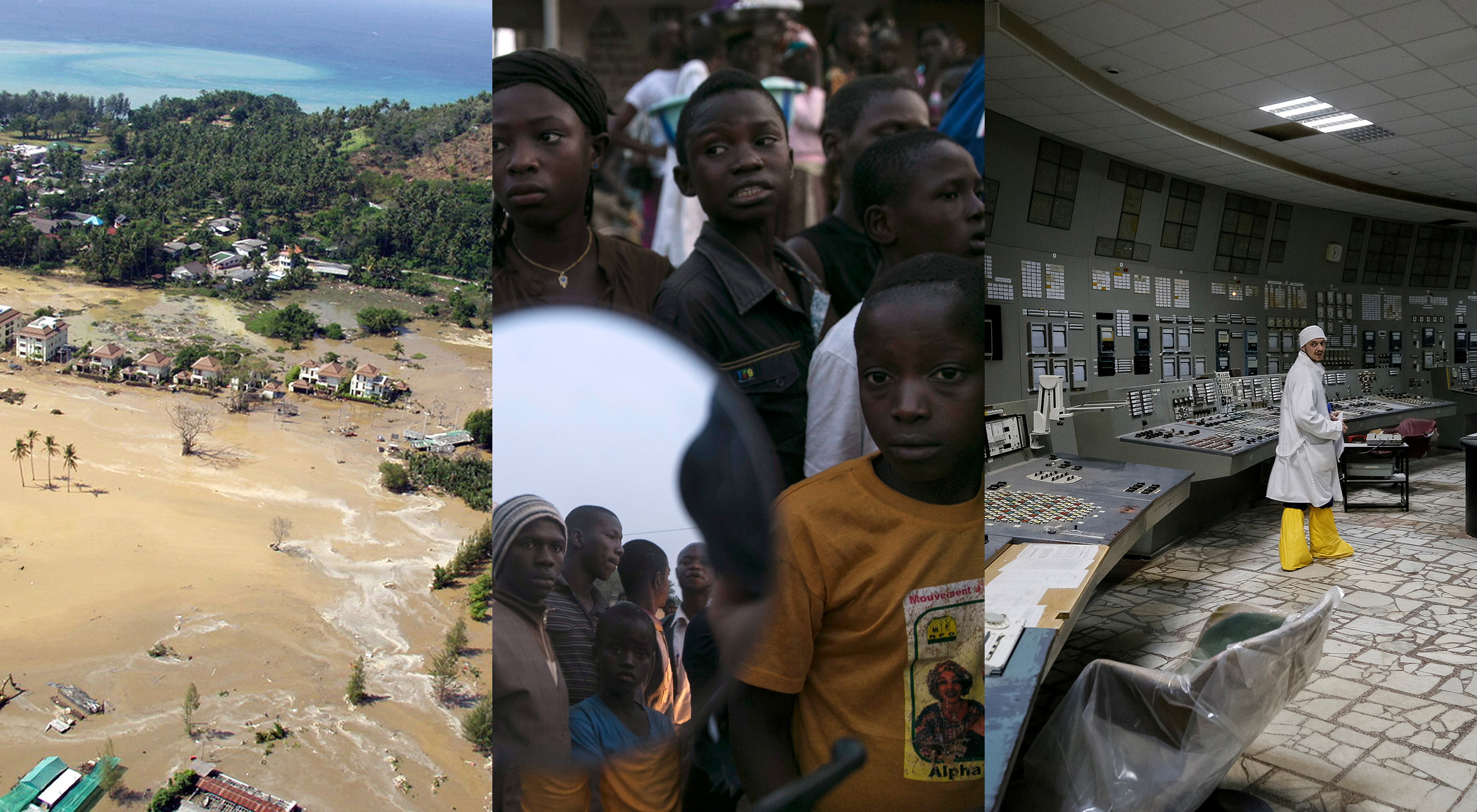 Image shows three separate scenes: an aerial shot of Phuket, Thailand shortly after the tsunami, bystanders in the town of Koidu, Sierra Leone, looking on the body of an ebola victim, and an employee at the control center of the Chernobyl nuclear power plant.