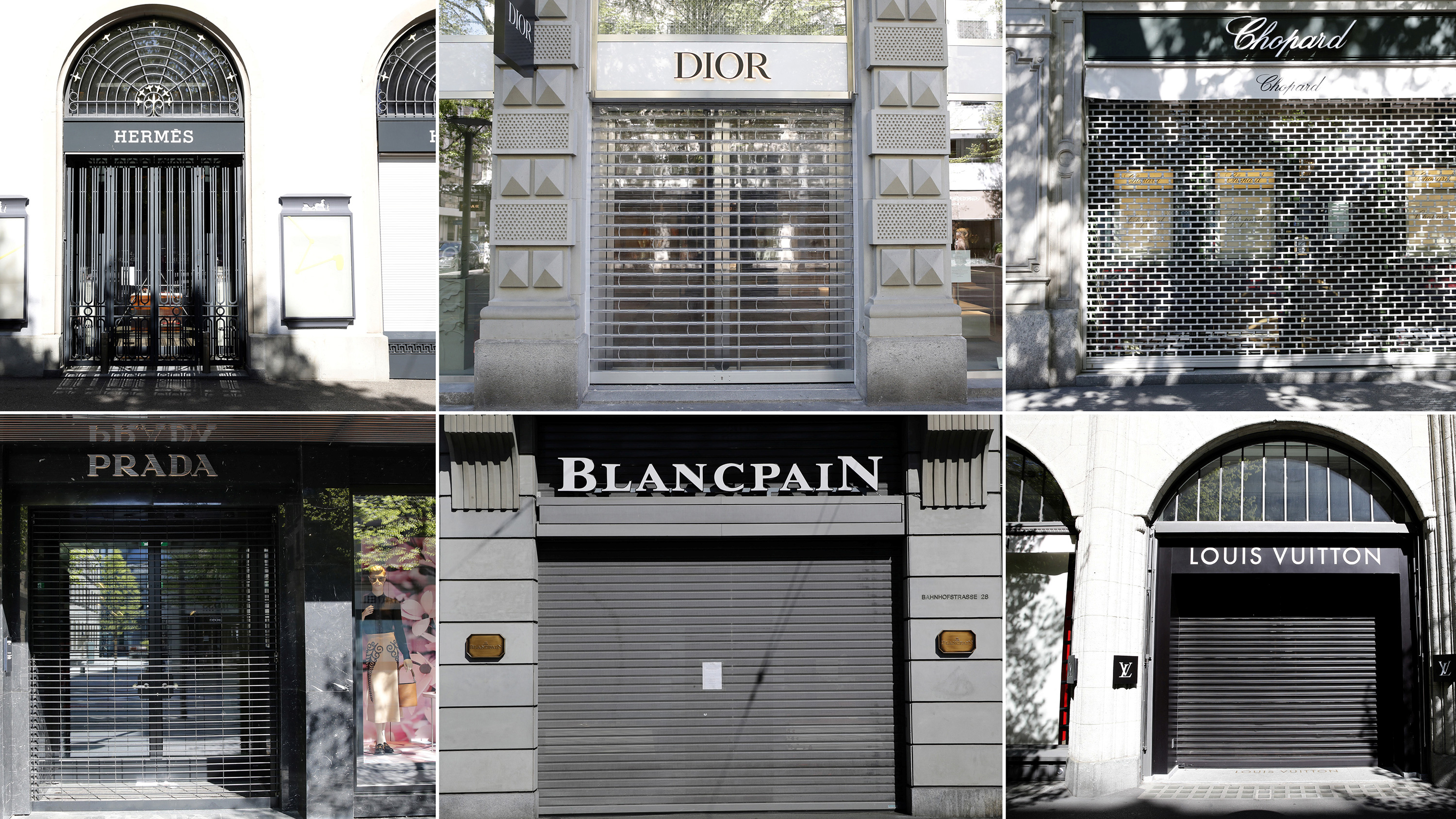 The picture shows from the closed-up front of shops like Cartier, Chanel, Harry Winston, Hermes, Dior, Chopard, Prada, Blancpain and Louis Vuitton.