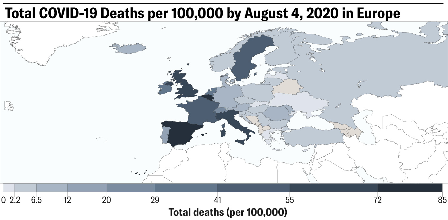 Figure shows the Total COVID-19 deaths per 100,000 by August 4, 2020 in Europe