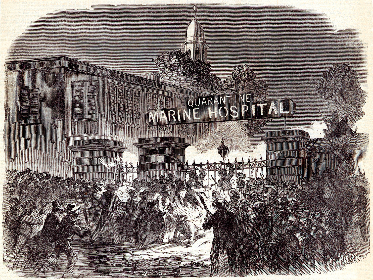 The image is a woodcut of a massive rioting crowd with clubs and torches storming the iron gates of a facility with a huge sign reading, "QUARANTINE MARINE HOSPITAL."