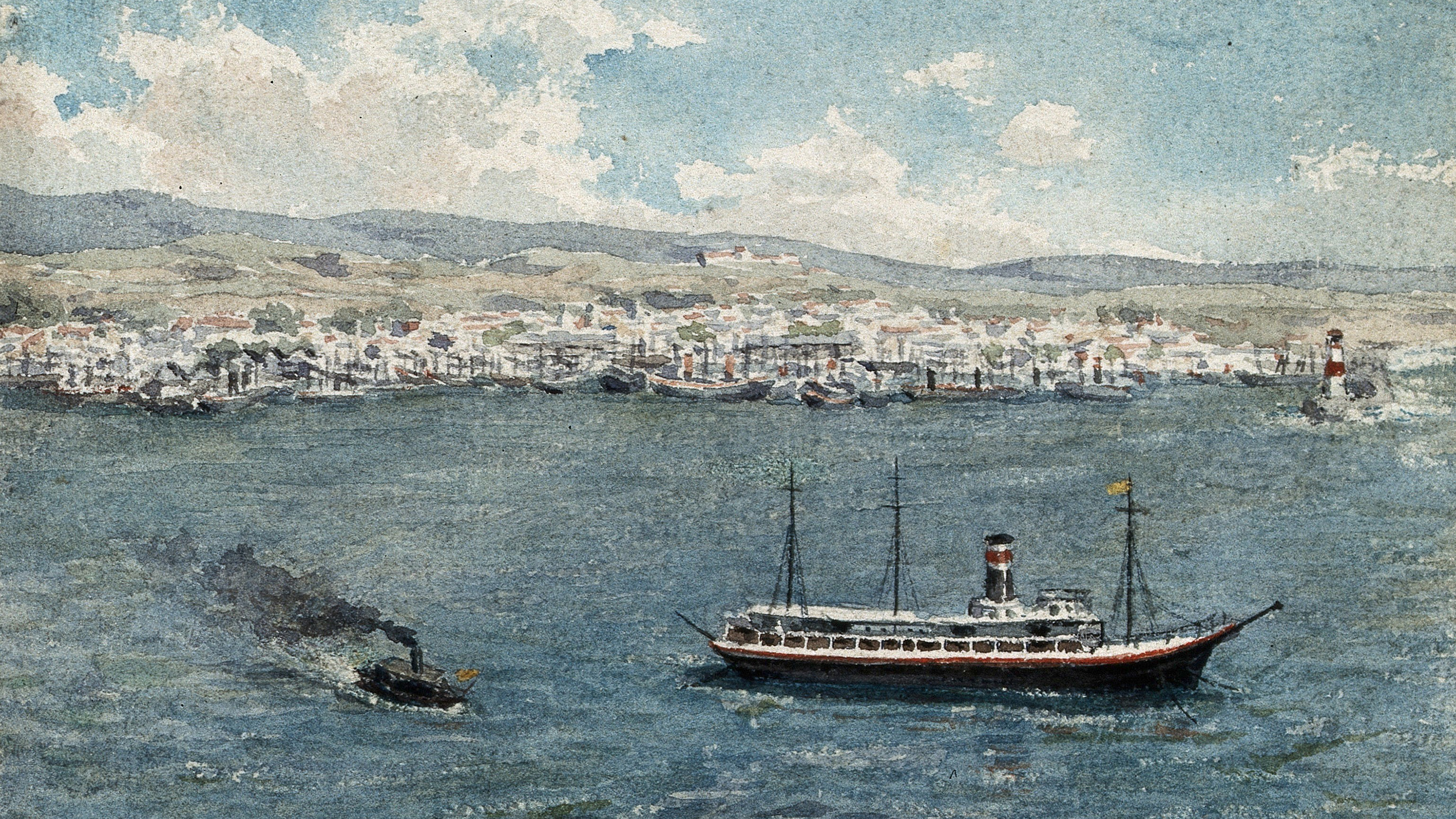 The photo shows a water scene with a ship flying the yellow flag anchored in the open water.