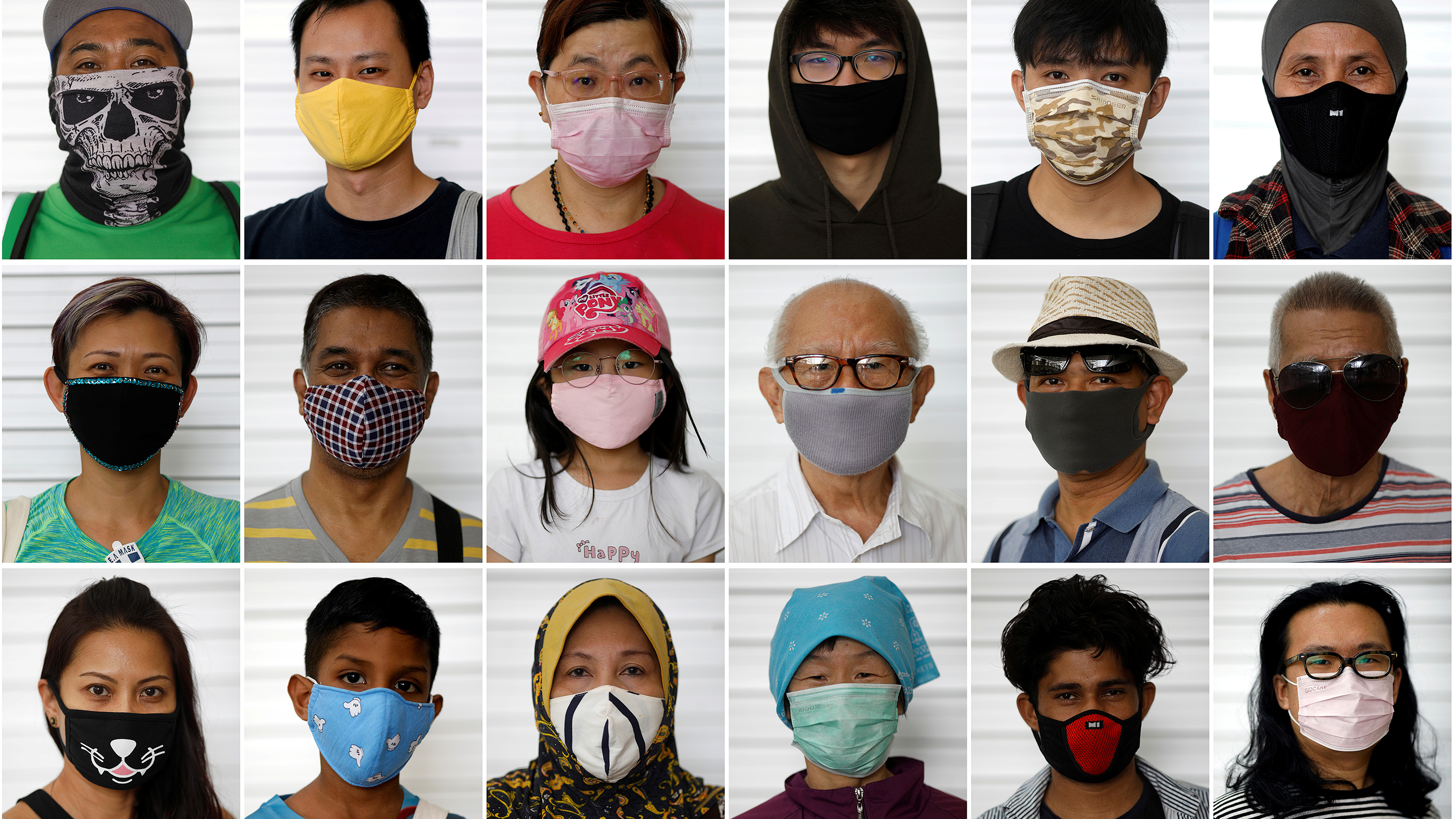 The photo shows an array of people wearing a variety of masks.