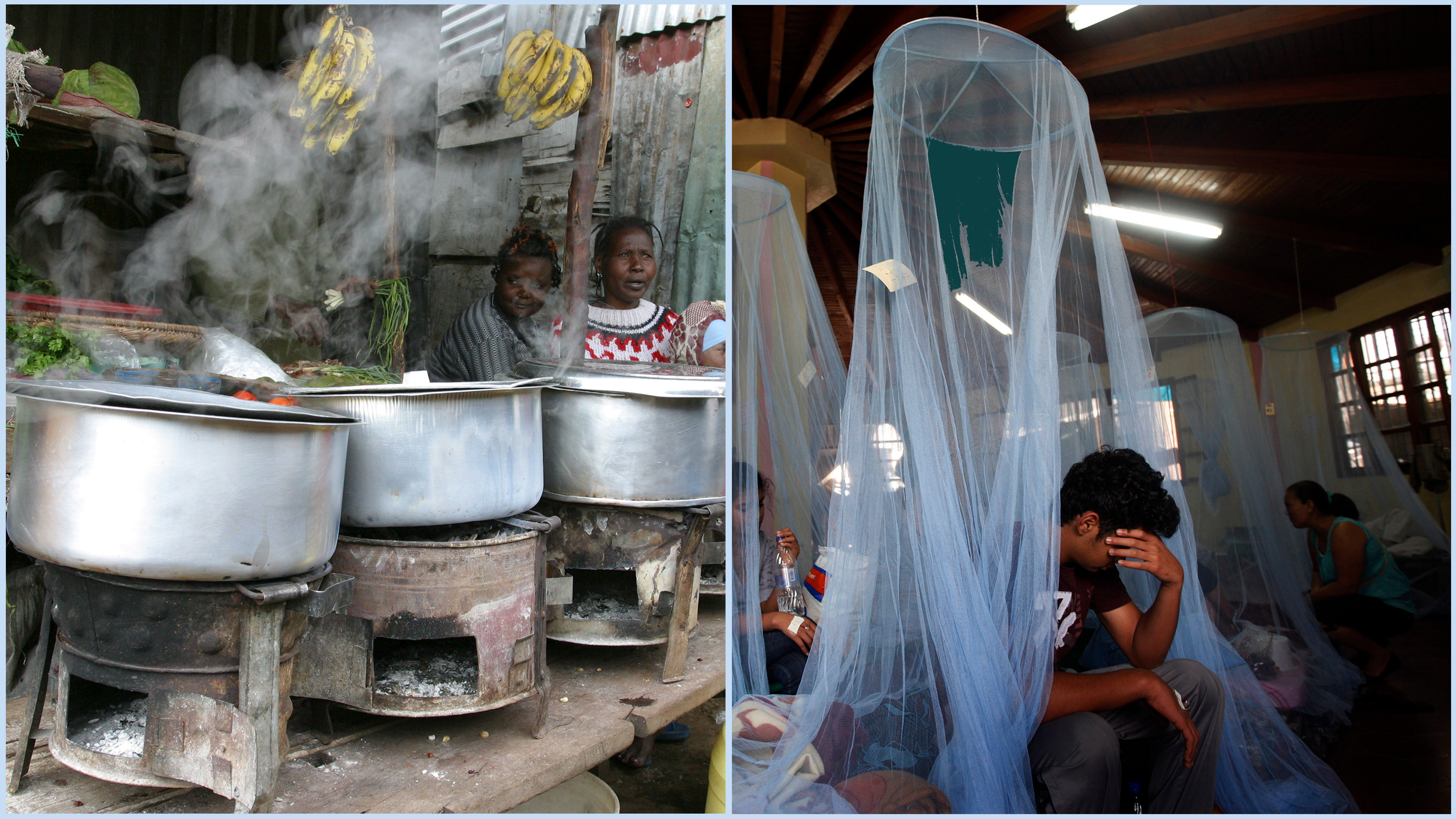 Photo is a split screen showing several cookstoves lined up in an outdoor area and the dark interior of a hospital with a man who looks miserable or tired sitting on the edge of his bed.
