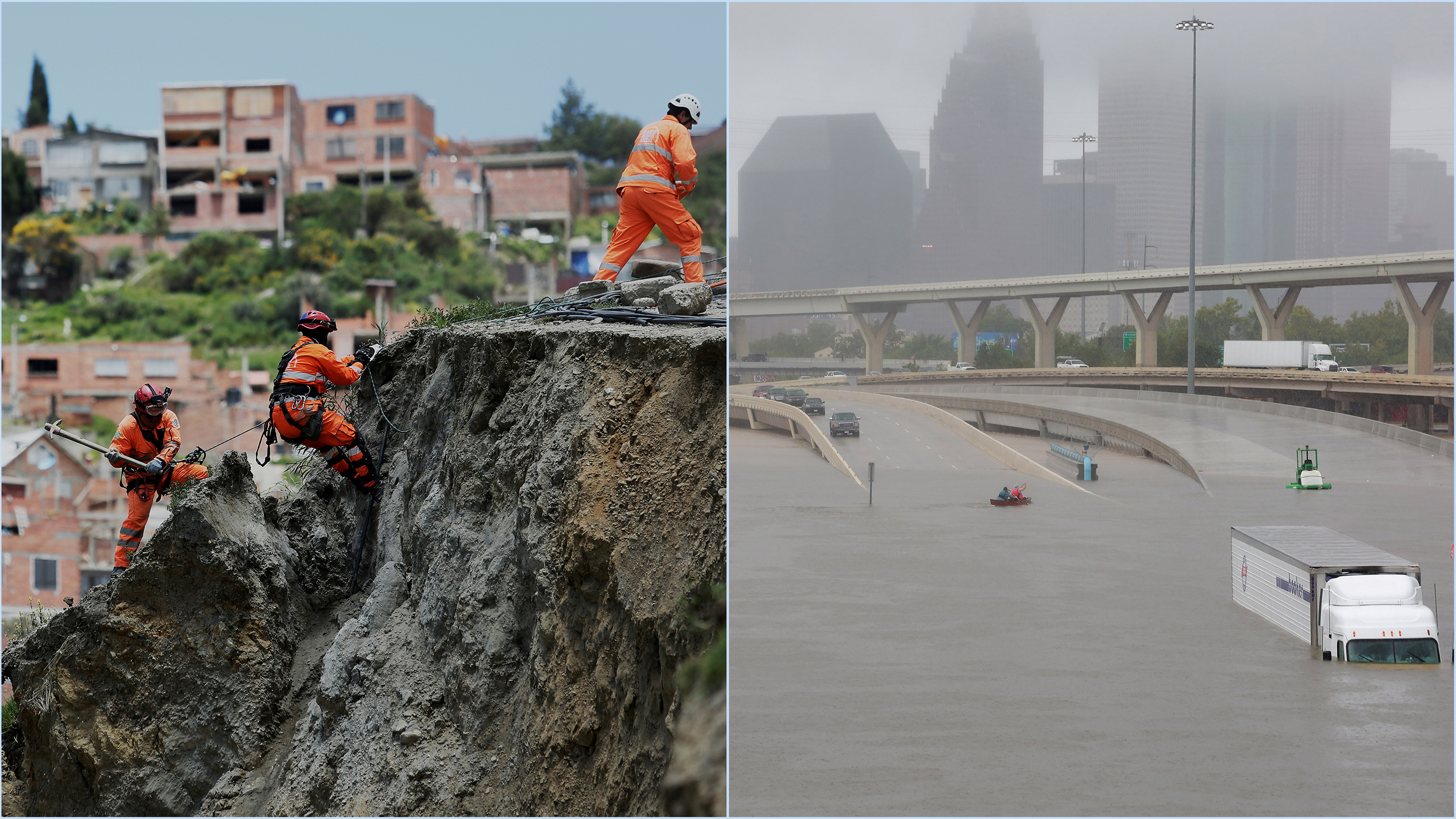 The photo is a split screen showing three men in orange jumpsuits scaling a landslide and a highway interchange flooded so much that an 18-wheeler truck is submerged to its cab.