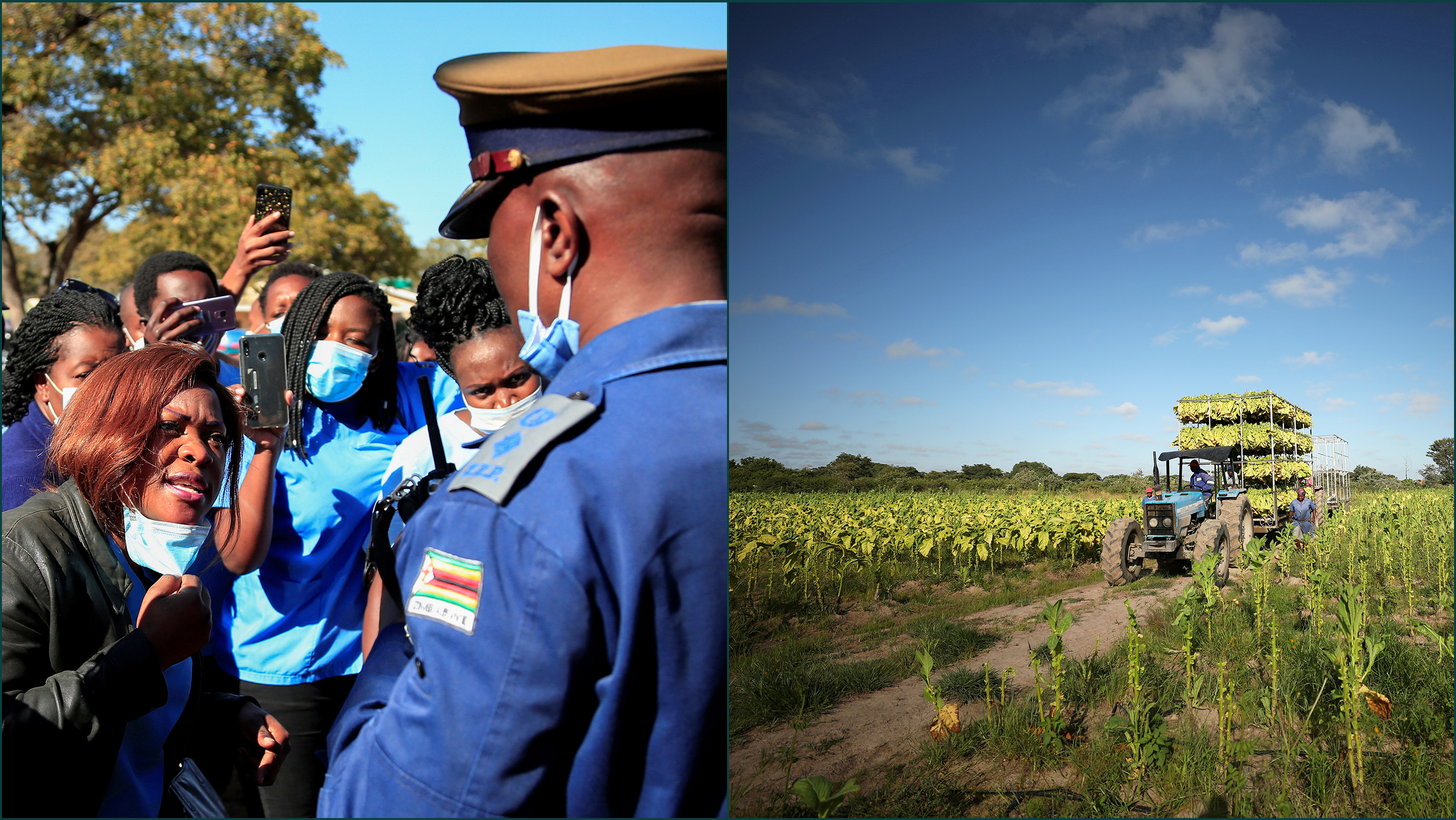 The country was once called. The photo is a split screen showing a woman passionately confronting police at a protest and a working farm with a large harvester on a sunny, blue-sky day.