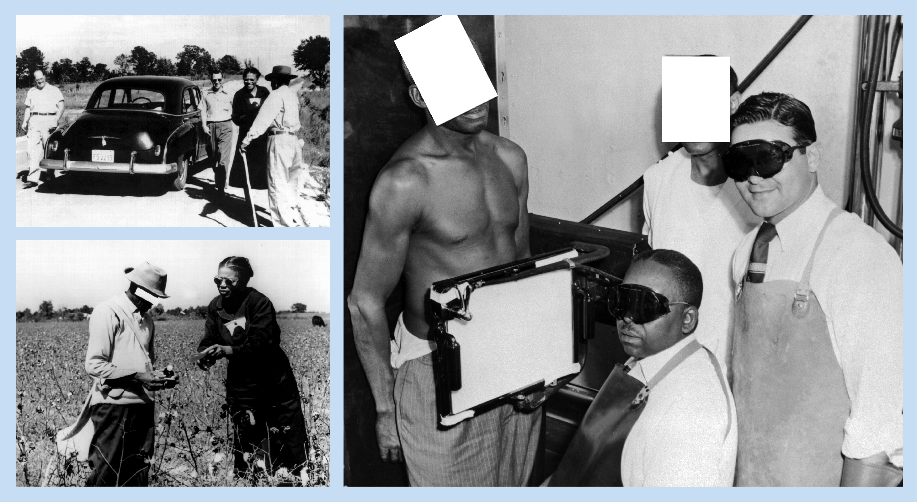The photos shows health workers and trial participants. In one photo a man behind an X-ray screen whose face has been covered with a square to protect his identity.