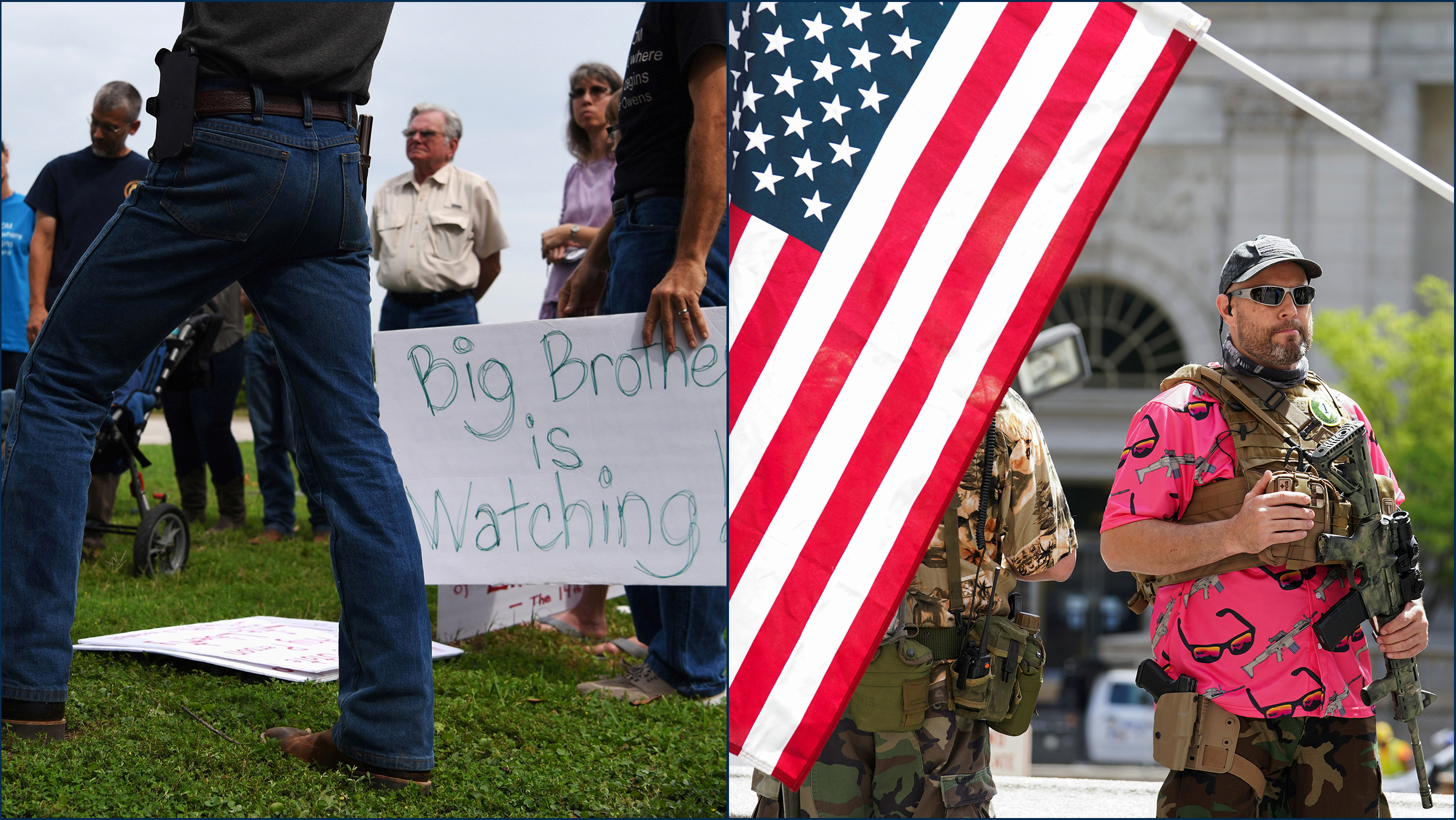 The image is a split screen showing on the right a small group gathered around holding signs, one of which says "Big Brother is Watching." The left image is of a demonstration where a protestor is heavily armed and standing on the steps of a state house. The photo shows