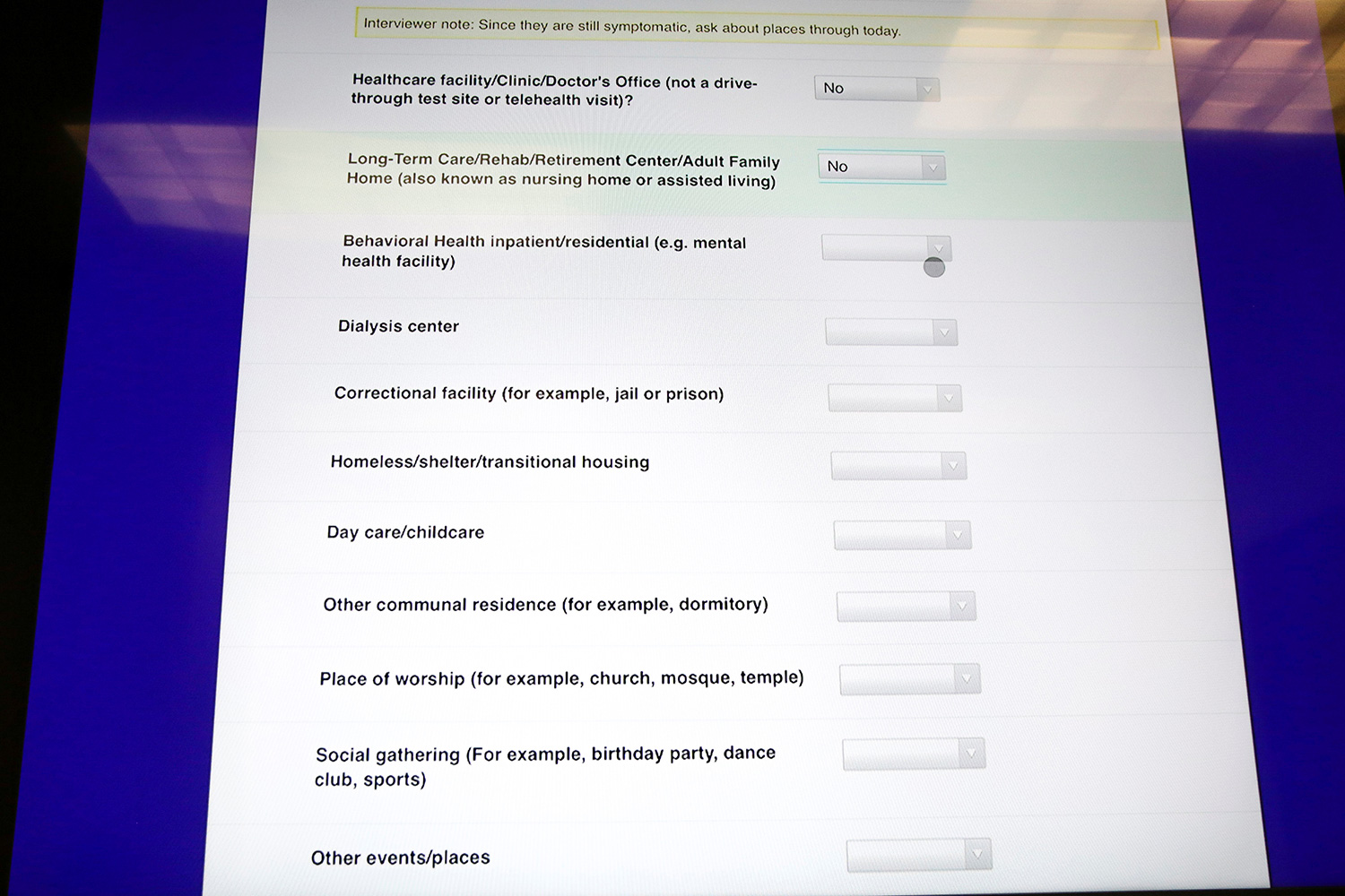 The photo shows a computer screen with questions on it.