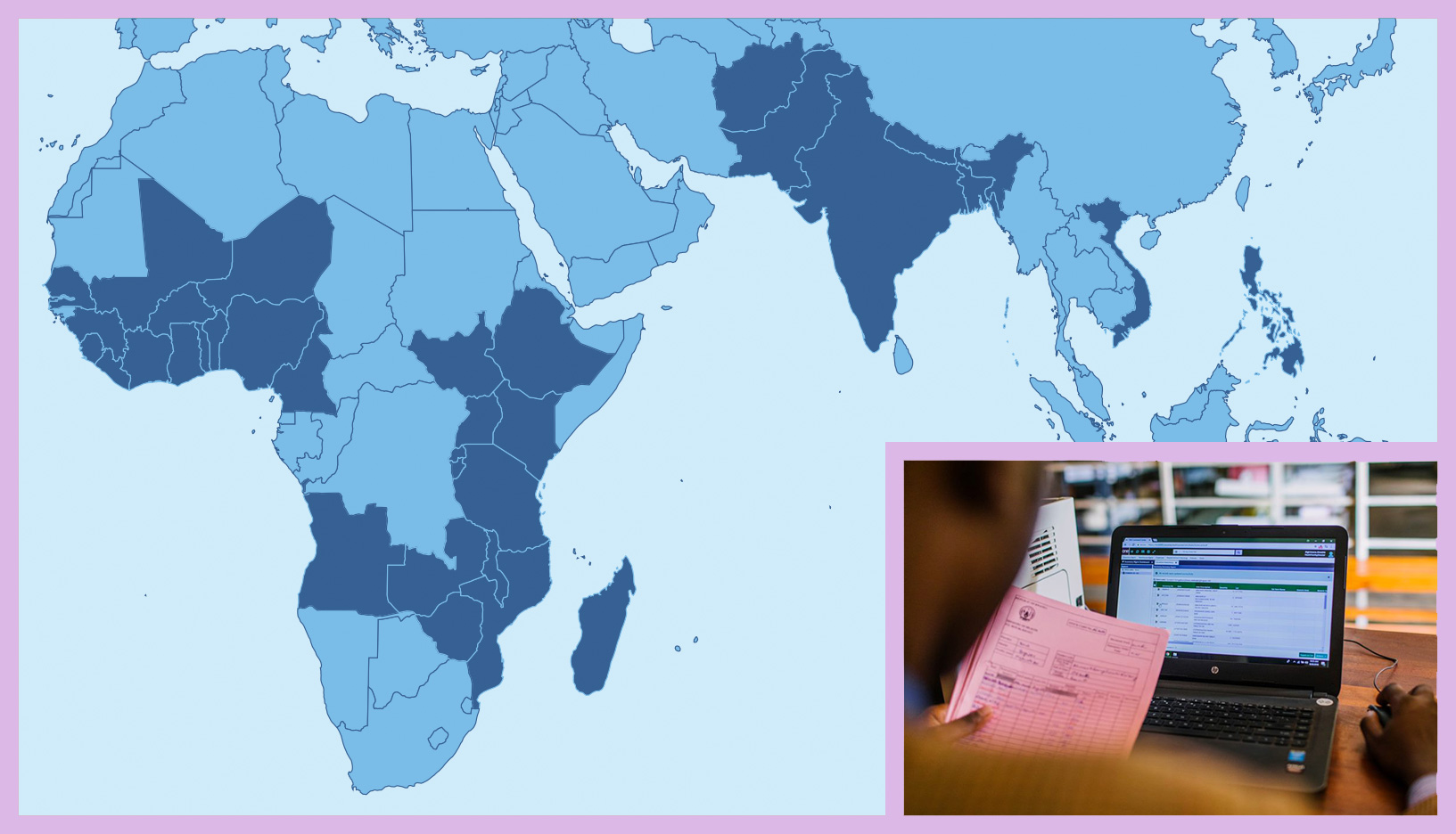 The photo shows a map of Africa and Asia with several countries highlighted. inset picture shows a pam reading a laptop page and holding what appears to be an invoice.