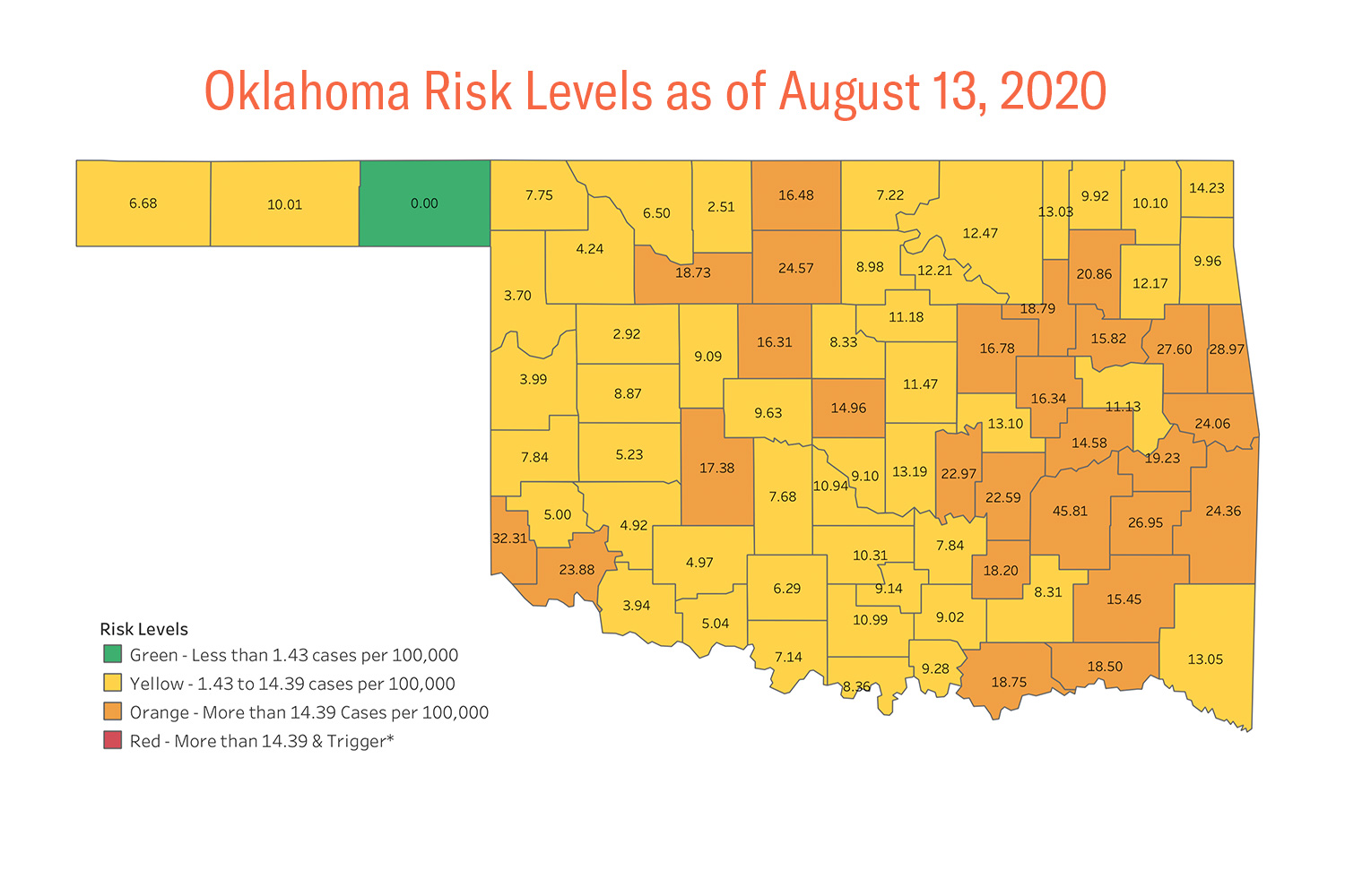Image is a map of the state color coded by risk. Only one county is green.