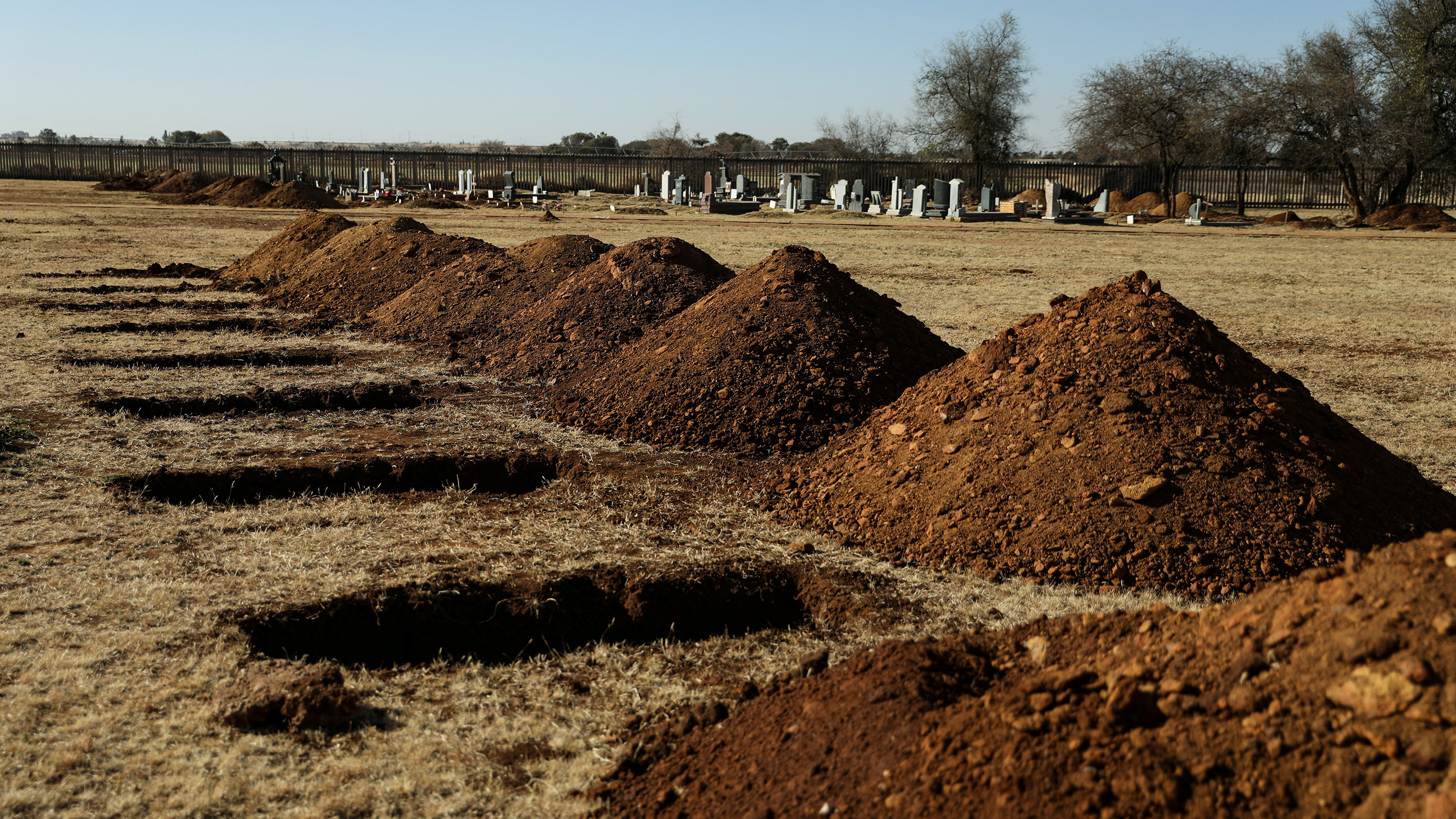 The photo shows mounds of freshly turned dirt next to open graves.