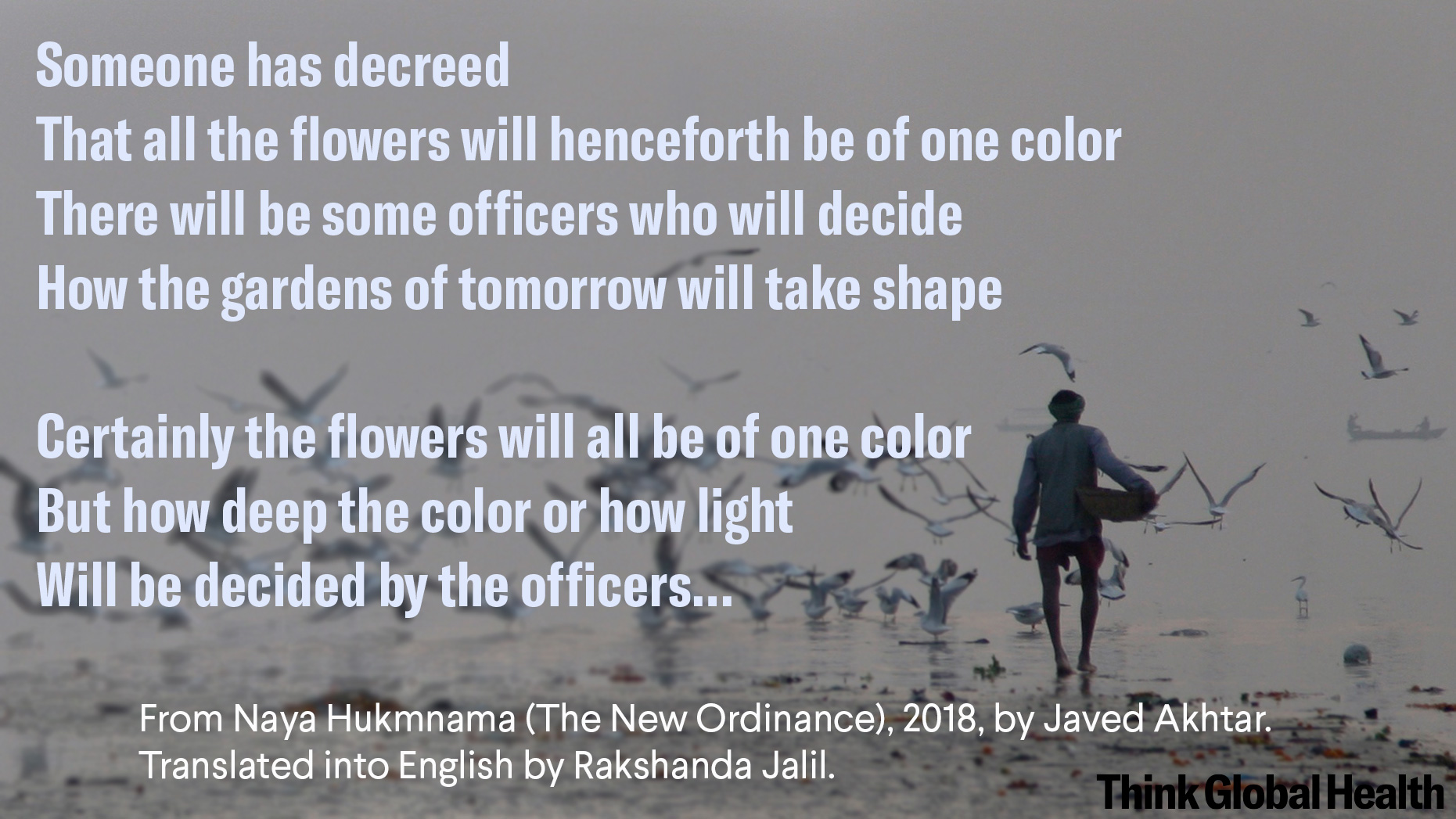 The picture shows a man walking with a backet while birds fly overhead. The poem is pasted over the image.