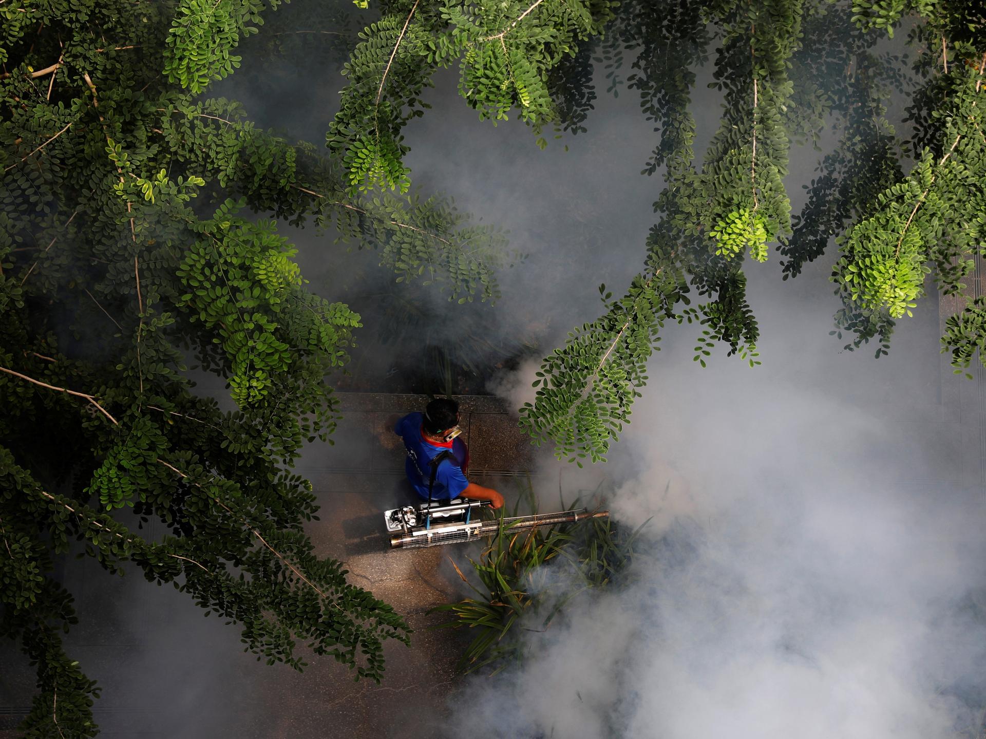 A worker fogs an estate for mosquitos, in Singapore, on August 27, 2020. 