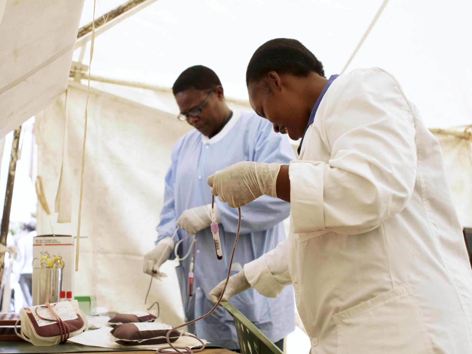 Staff label plastic bags filled with donated blood, in Nairobi, Kenya, on January 9, 2012.