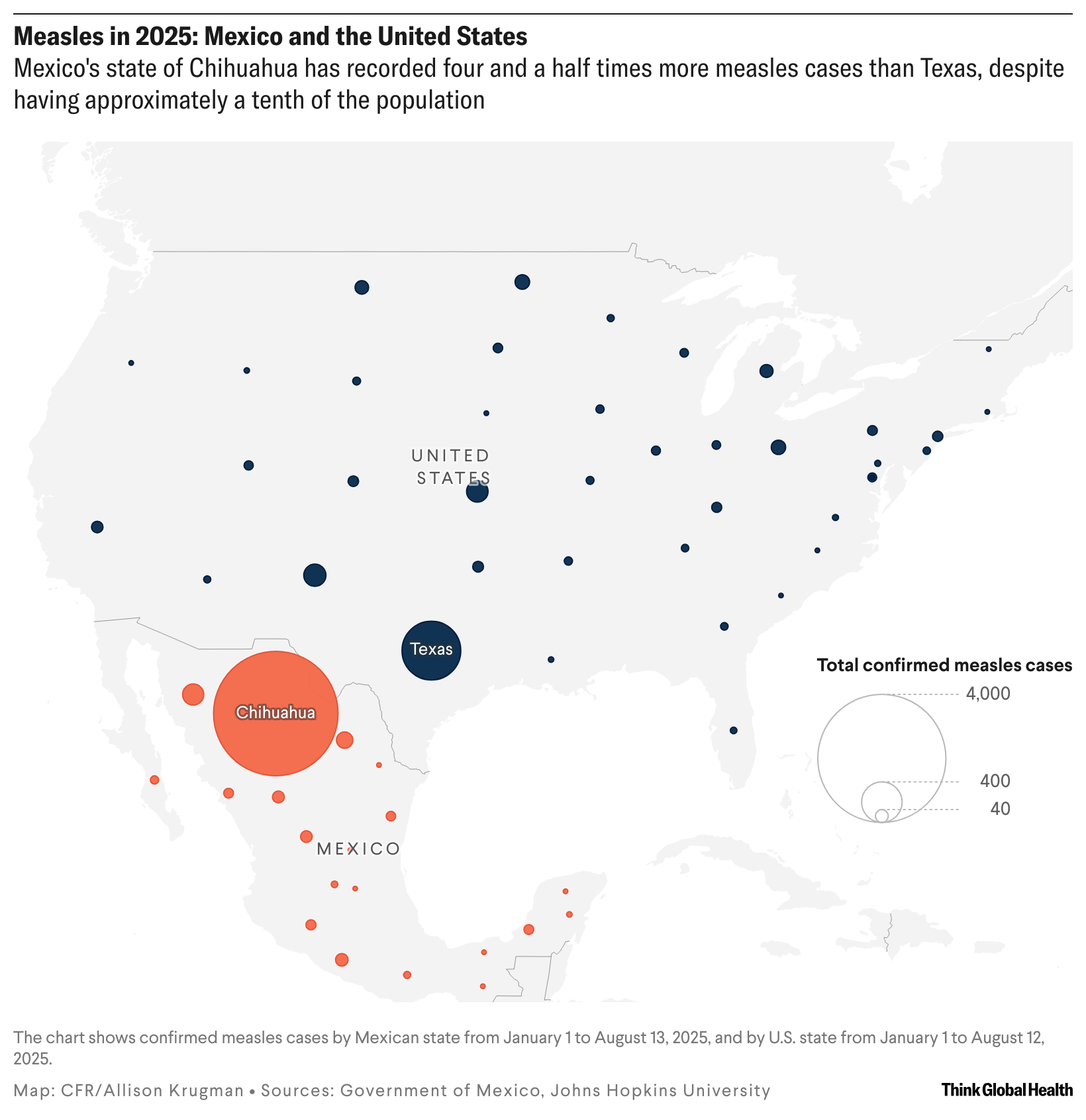 A cluster map showing measles outbreaks in the United States and Mexico