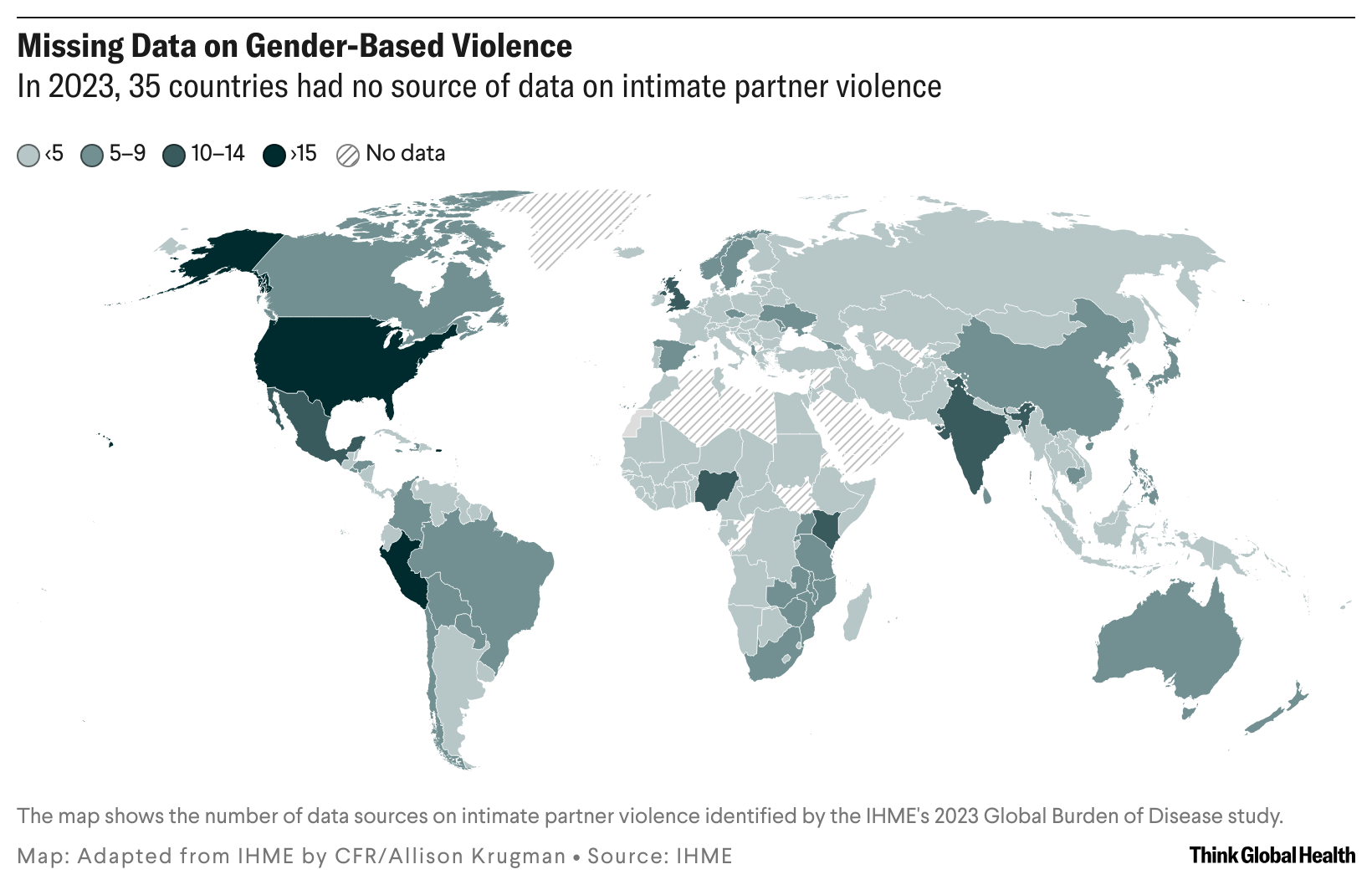 A gradient world map showing countries with data sources for gender-based violence. Countries with 15 or more sources are the deepest shade of gray and countries with less than 5 sources are light gray. 