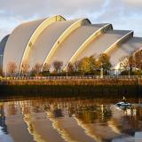 The coast guard patrol as the early morning sun shines on the River Clyde and the venue for COP26 in Glasgow, Scotland, on 10, 2021.