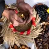 A man takes part in the autumn festival of traditional culture "Bagach", which marks the end of the harvest, at the Yanka Kupala State Literary Museum near the village of Vyazynka, Belarus, on September 29, 2019.