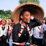 People dance during Irreechaa Festival, the Oromo People thanksgiving ceremony at the Hora Finfinnee, in Addis Ababa, Ethiopia, on October 2, 2021.